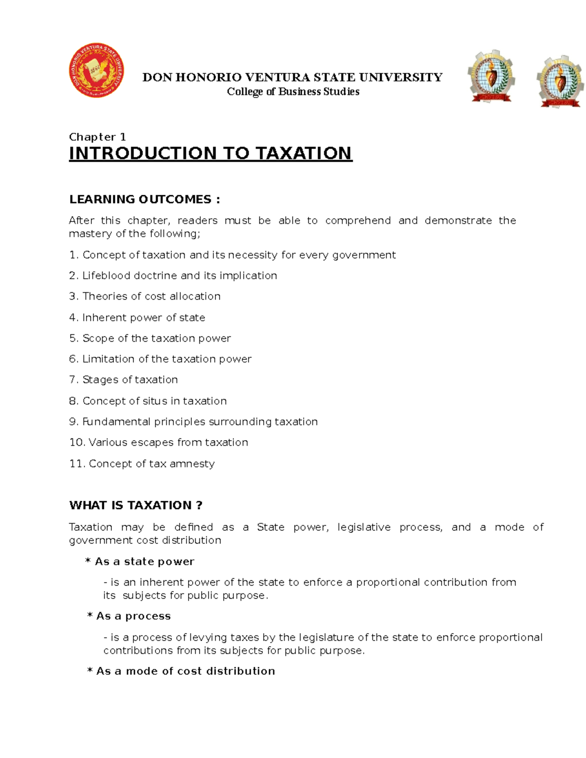 TAX Chapter 1 - Lecture Notes 1 - DON HONORIO VENTURA STATE UNIVERSITY ...