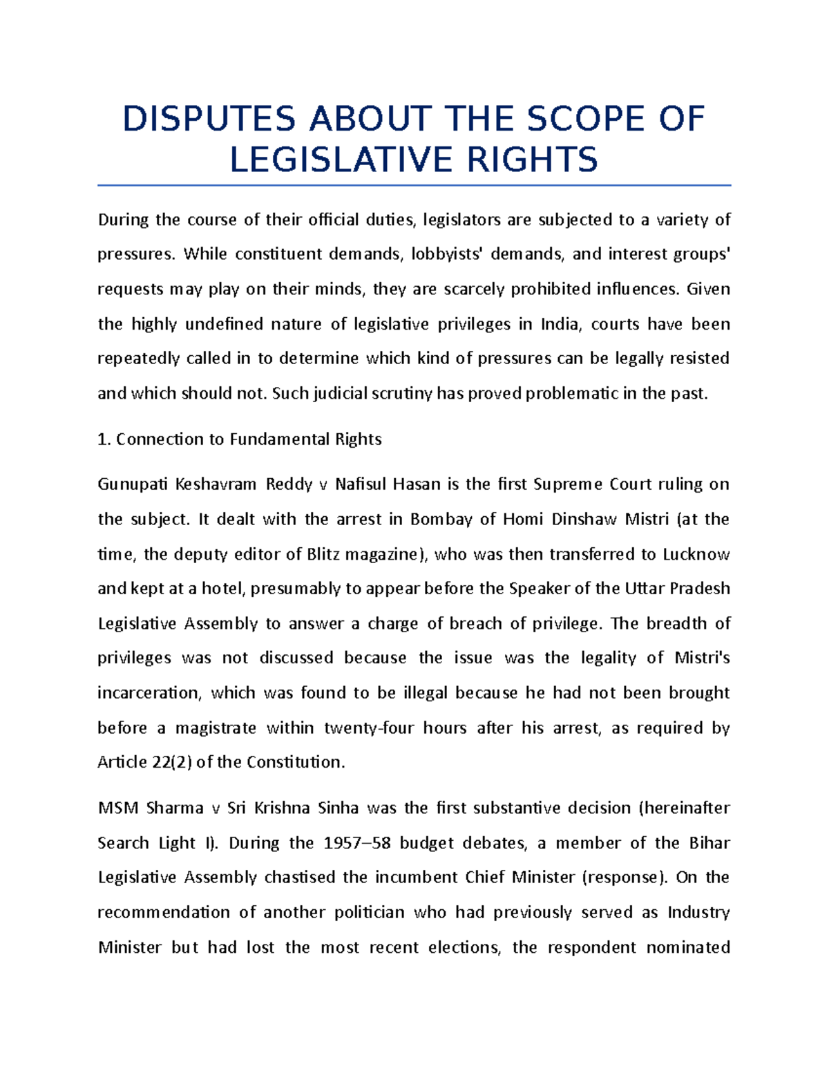 Disputes About THE Scope OF Legislative Rights - DISPUTES ABOUT THE ...