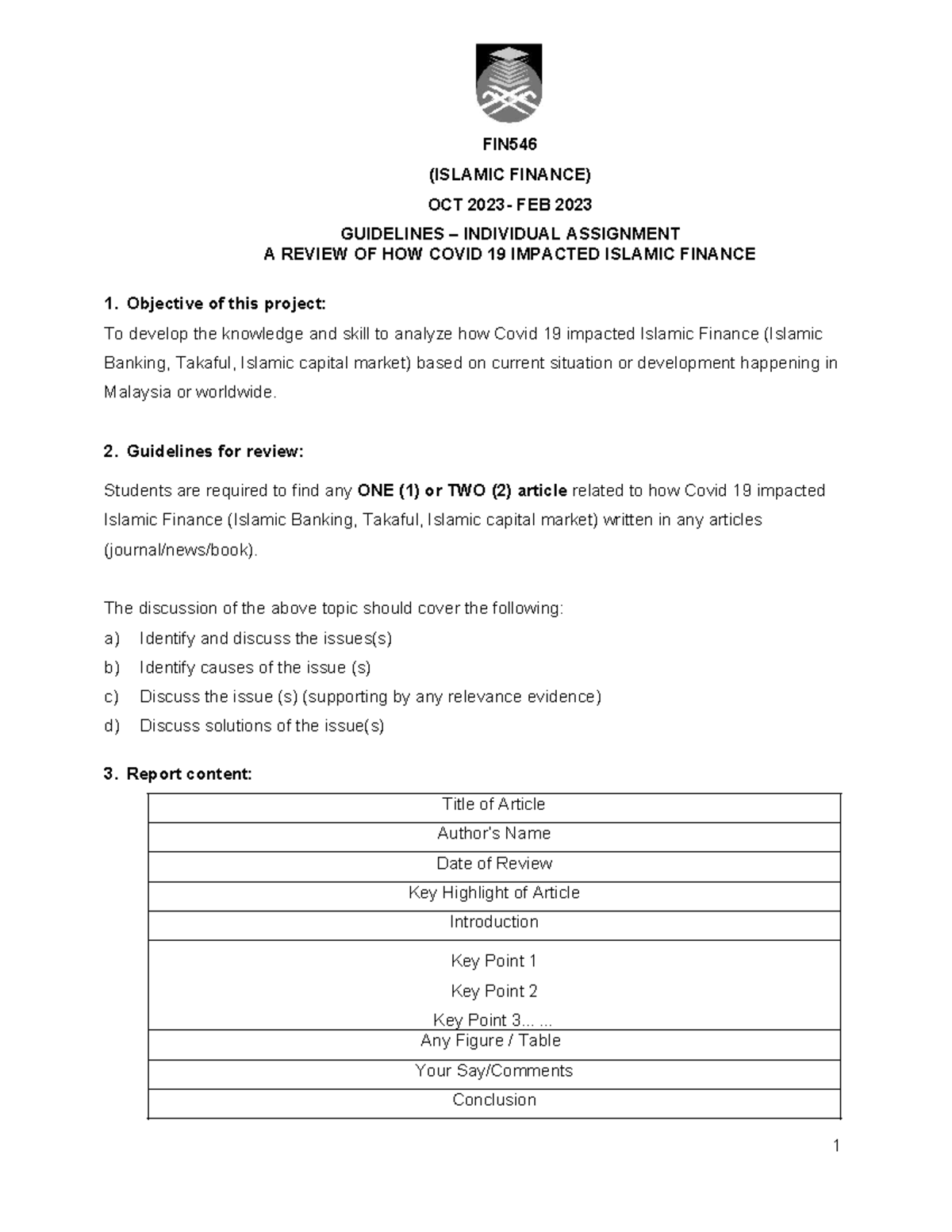 Guidelines Individual Assignment FIN546 - 1 FIN (ISLAMIC FINANCE) OCT ...