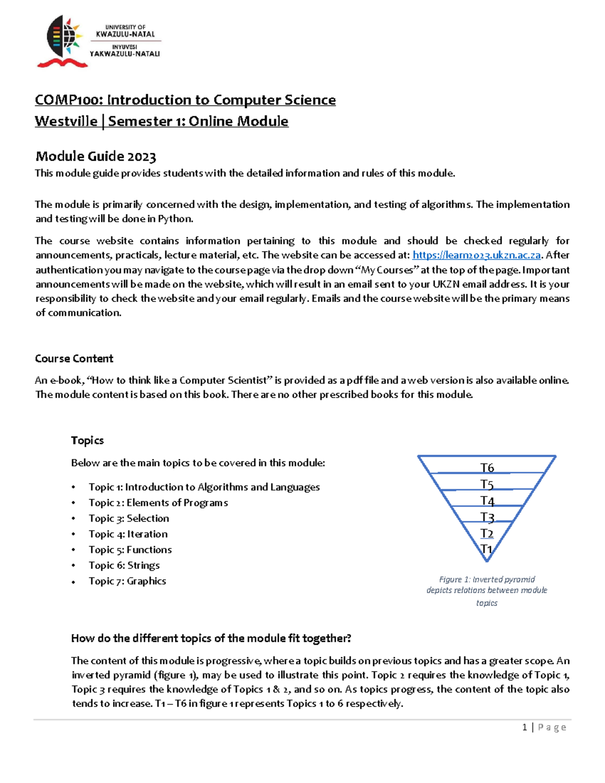 Module Guide 2023 - COMP100: Introduction to Computer Science Westville ...