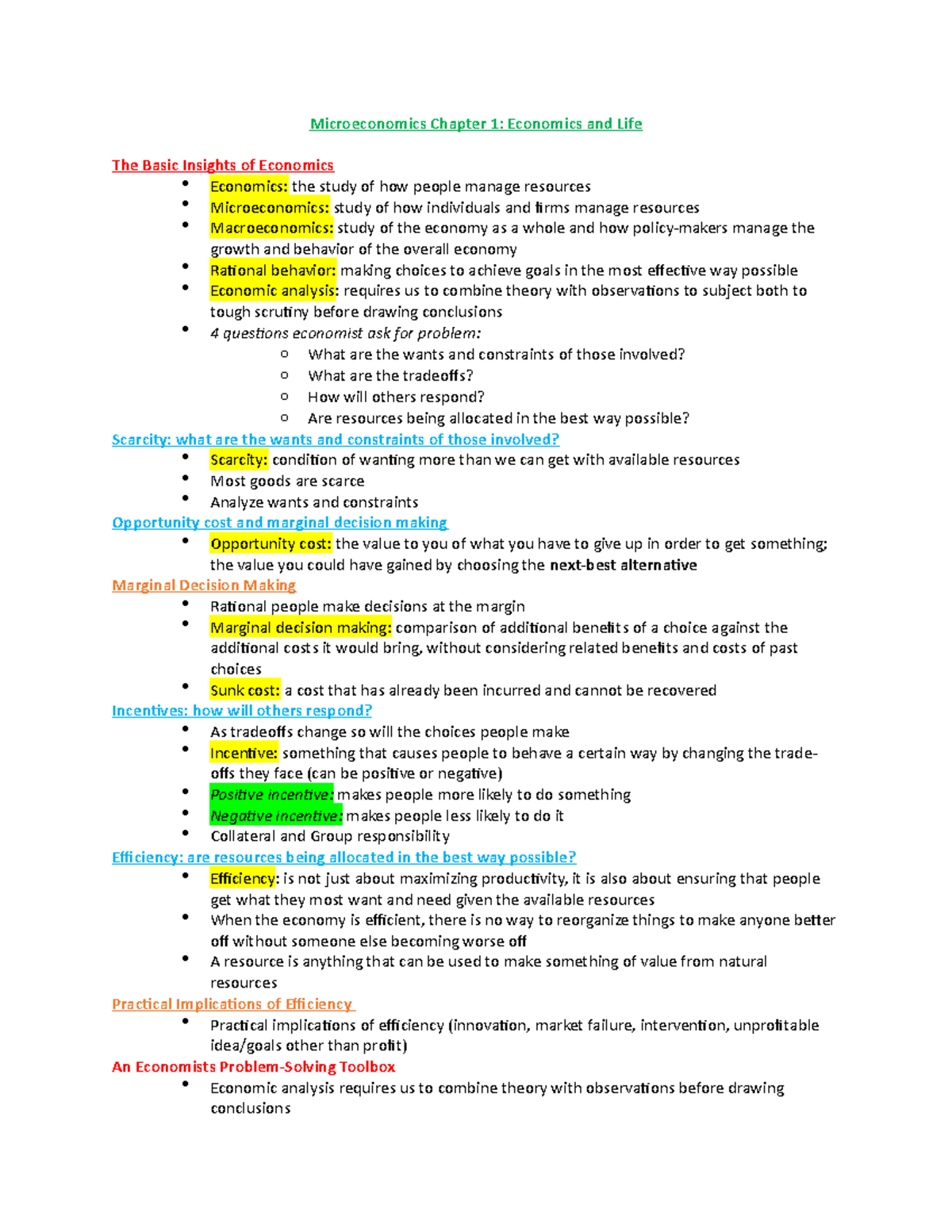 Microeconomics Chapter 1 Notes - Microeconomics Chapter 1: Economics ...