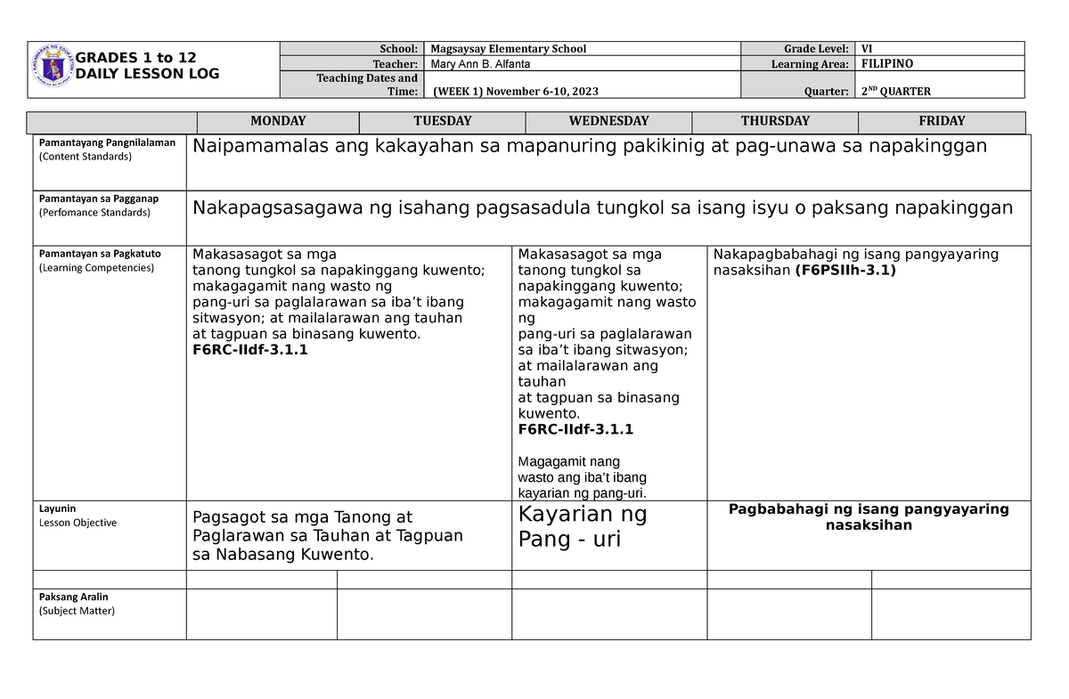 DLL Filipino 6 Q2 W1 - GRADES 1 To 12 DAILY LESSON LOG School: Magsaysay Elementary School Grade ...