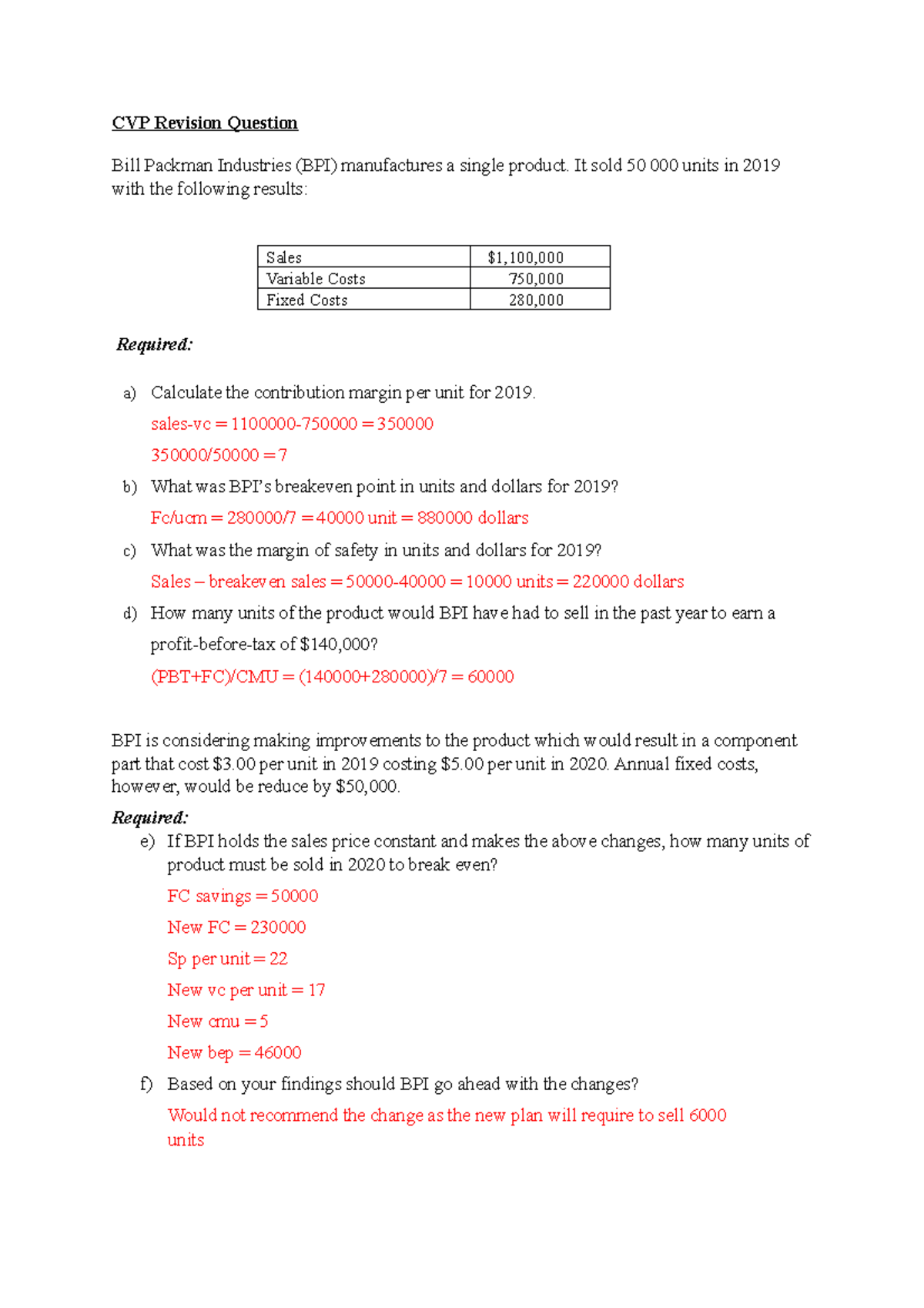 CVP Revision Question-2 - CVP Revision Question Bill Packman Industries ...