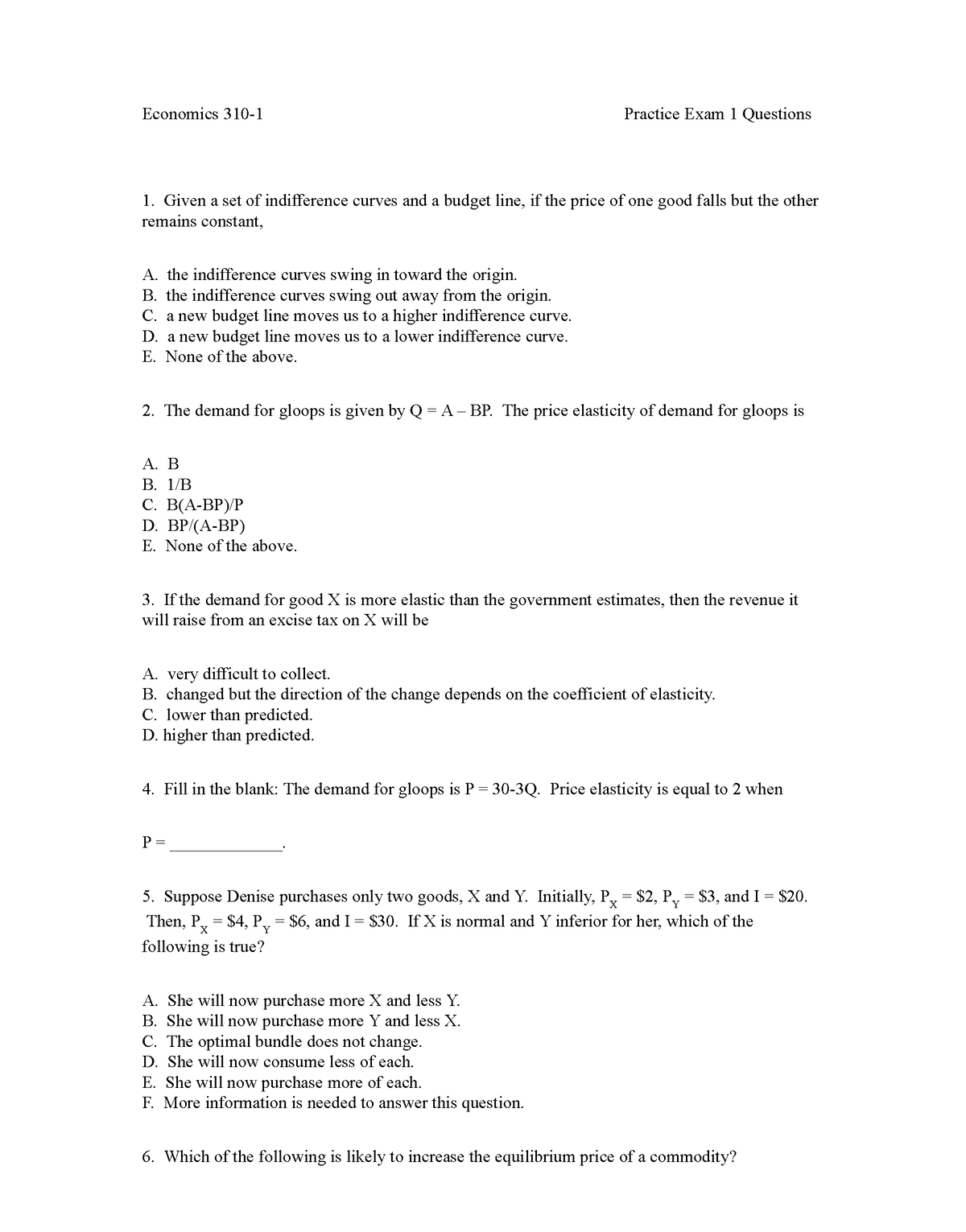 Northwestern Econ 3101 Practice Midterm 1, Part 1 Economics 3101