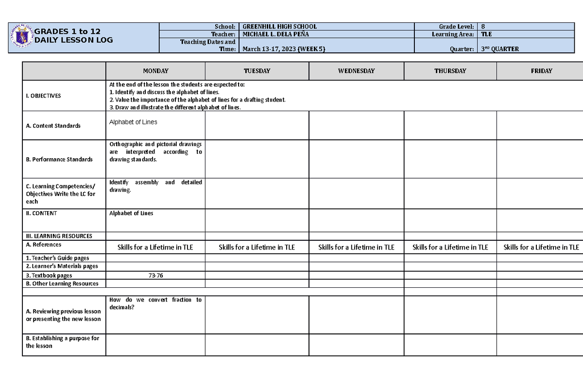 DLL TLE8 Q3 w5 - tle - GRADES 1 to 12 DAILY LESSON LOG School ...