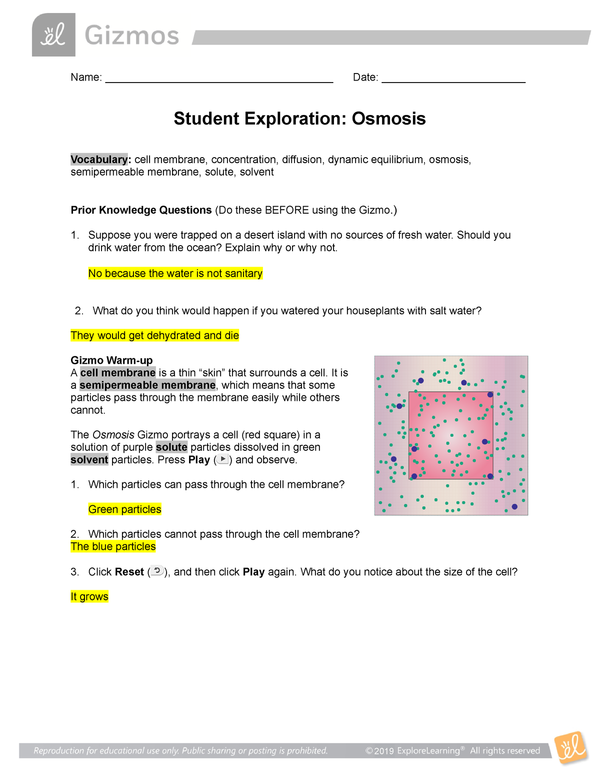 Osmosis Se Gizmo Name Date 0759