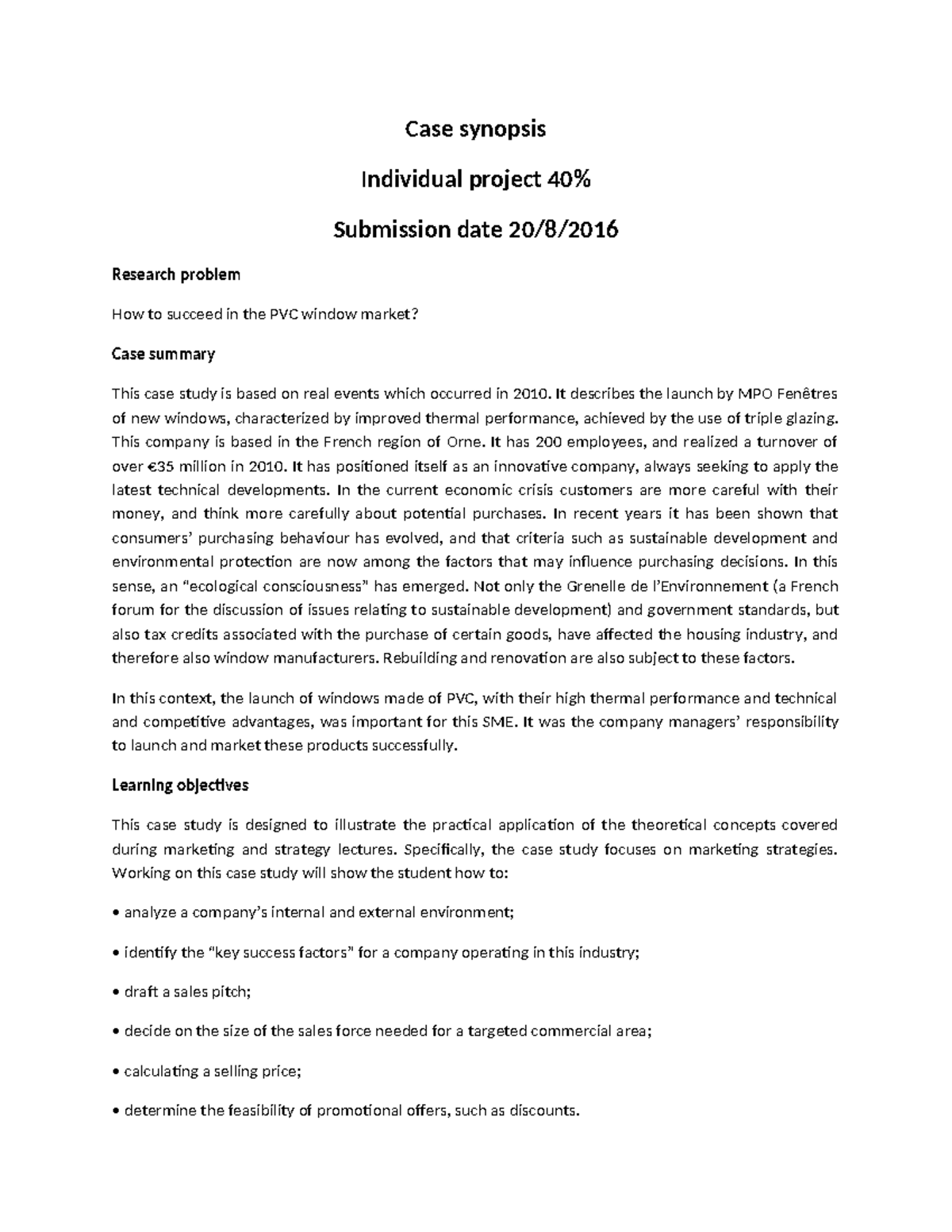 Case study Analyis Assighment - Case synopsis Individual project 40% ...