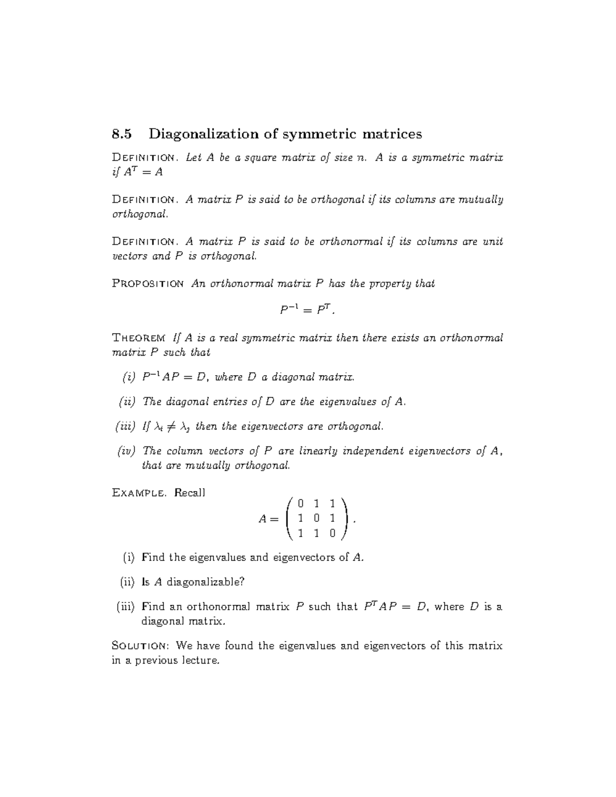 Orthonormal Diagonalization - 8 Diagonalization of symmetric matrices ...