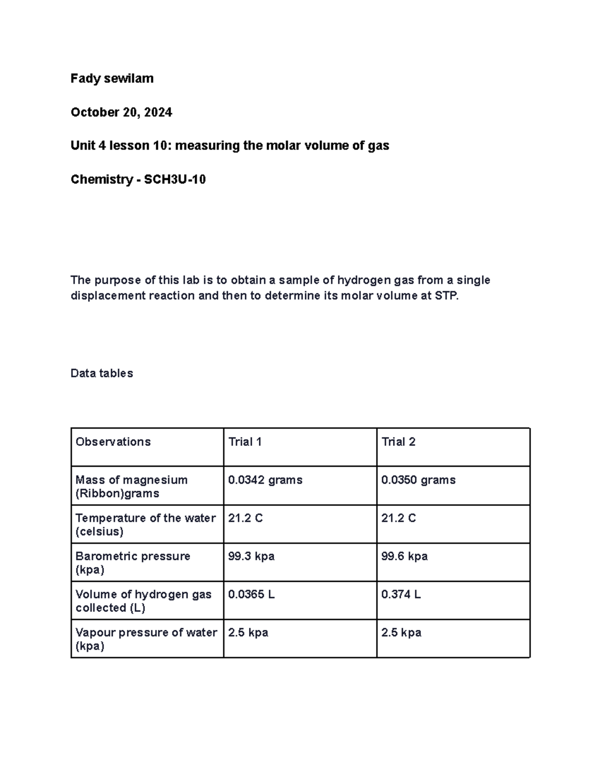 SCH3U unit 4 Lab - unit 4 - Fady sewilam October 20, 2024 Unit 4 lesson ...
