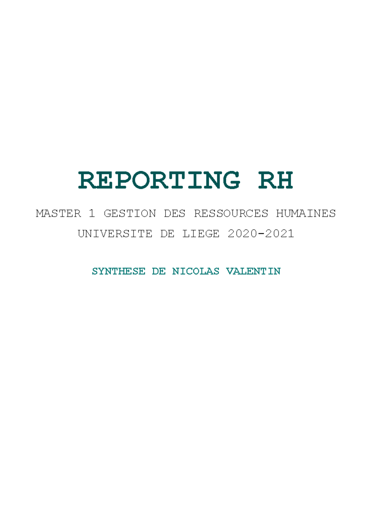 00 Ma synthèse Reporting RH REPORTING RH MASTER 1 GESTION DES