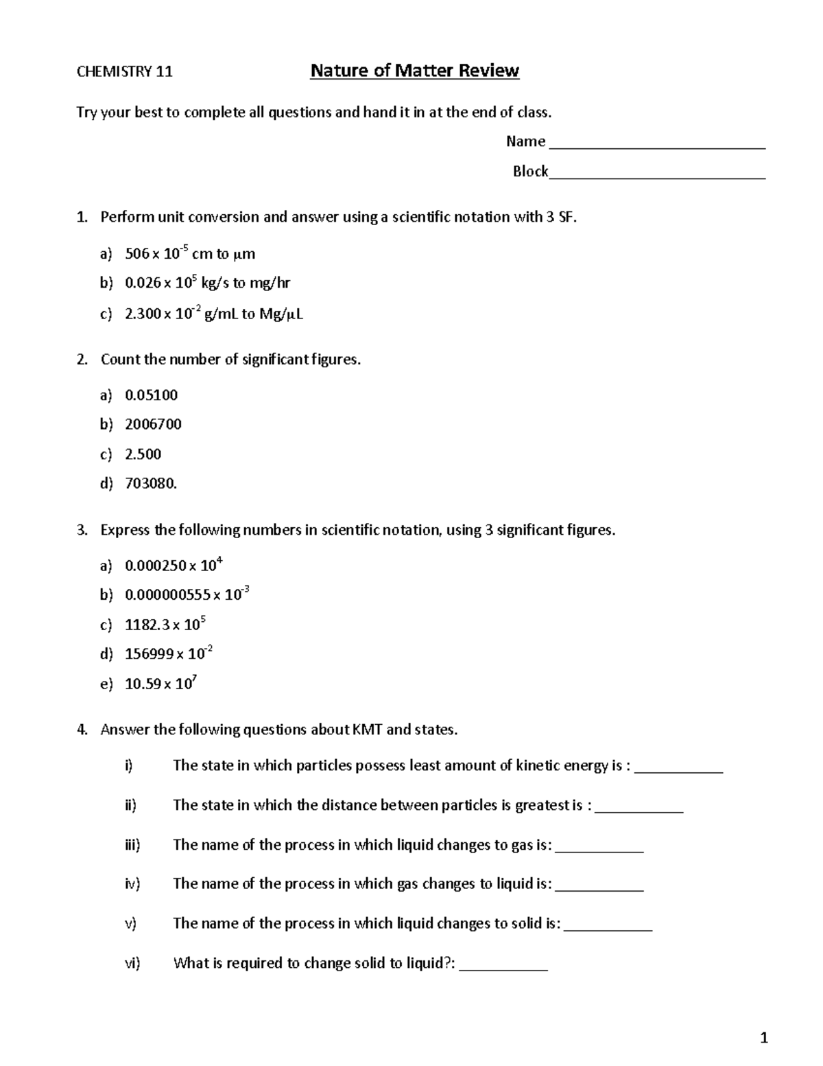 Nature of matter review wkst - 1 CHEMISTRY 11 Nature of Matter Review ...