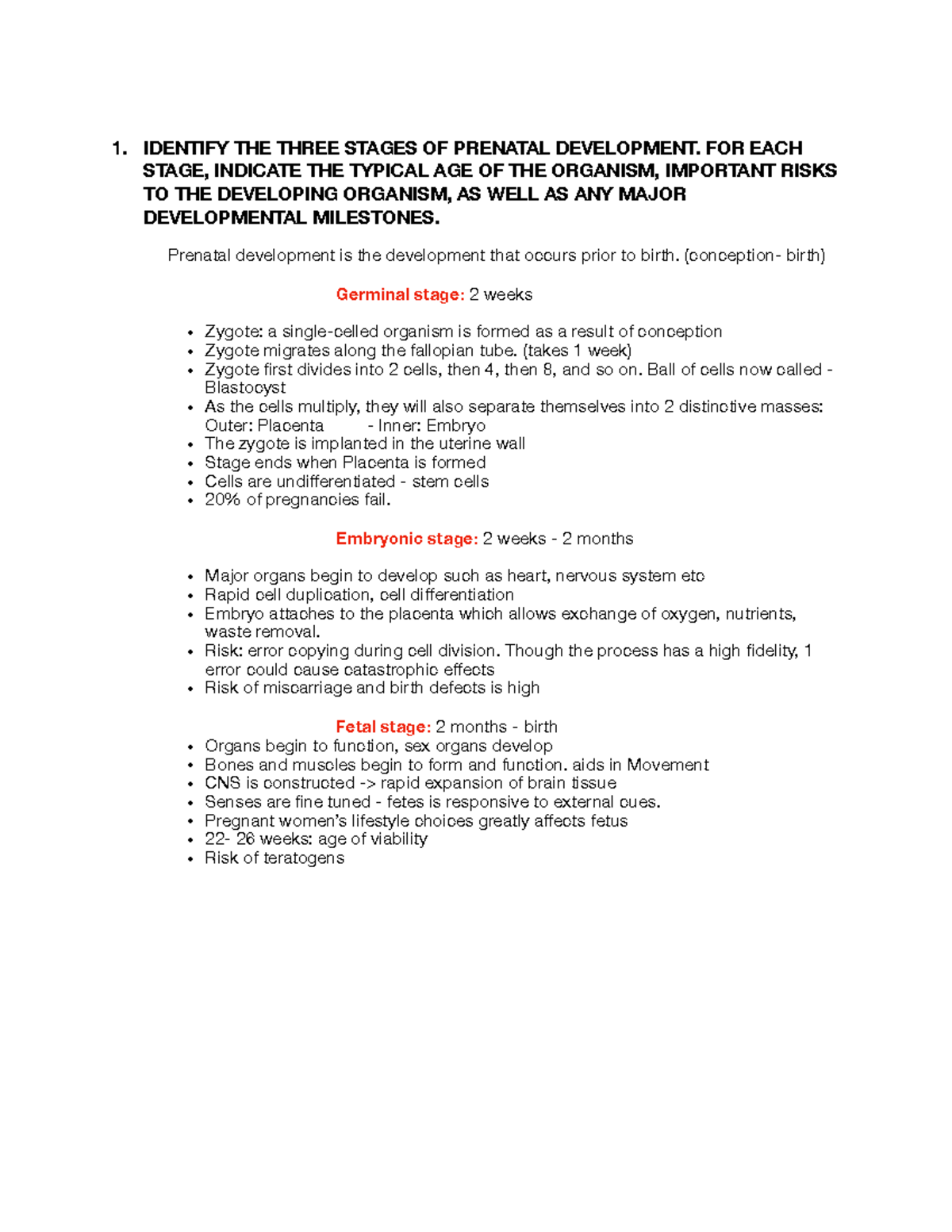 Test Answers 3 - 1. IDENTIFY THE THREE STAGES OF PRENATAL DEVELOPMENT ...