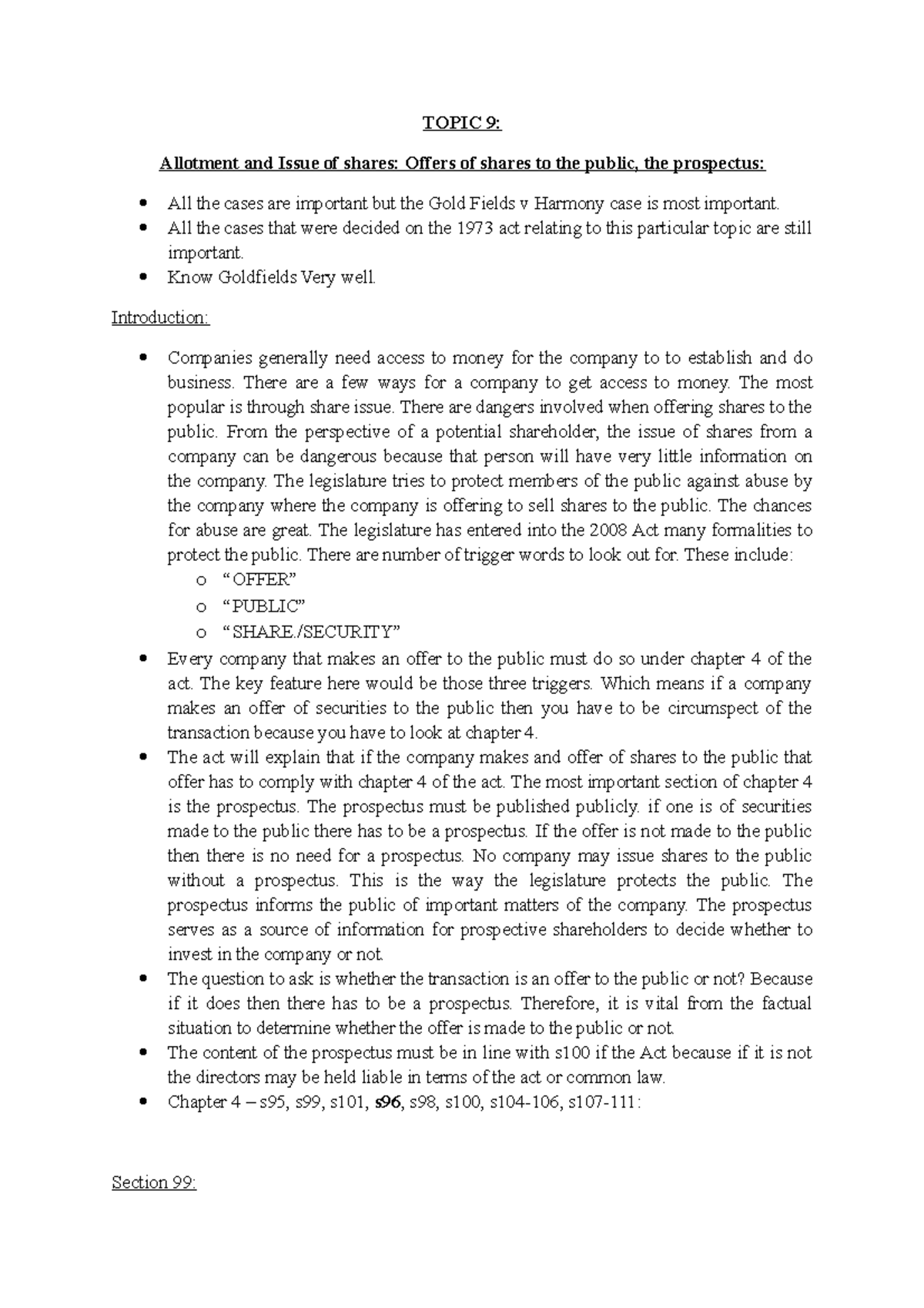 CORPORATE LAW study notes - TOPIC 9: Allotment and Issue of shares ...