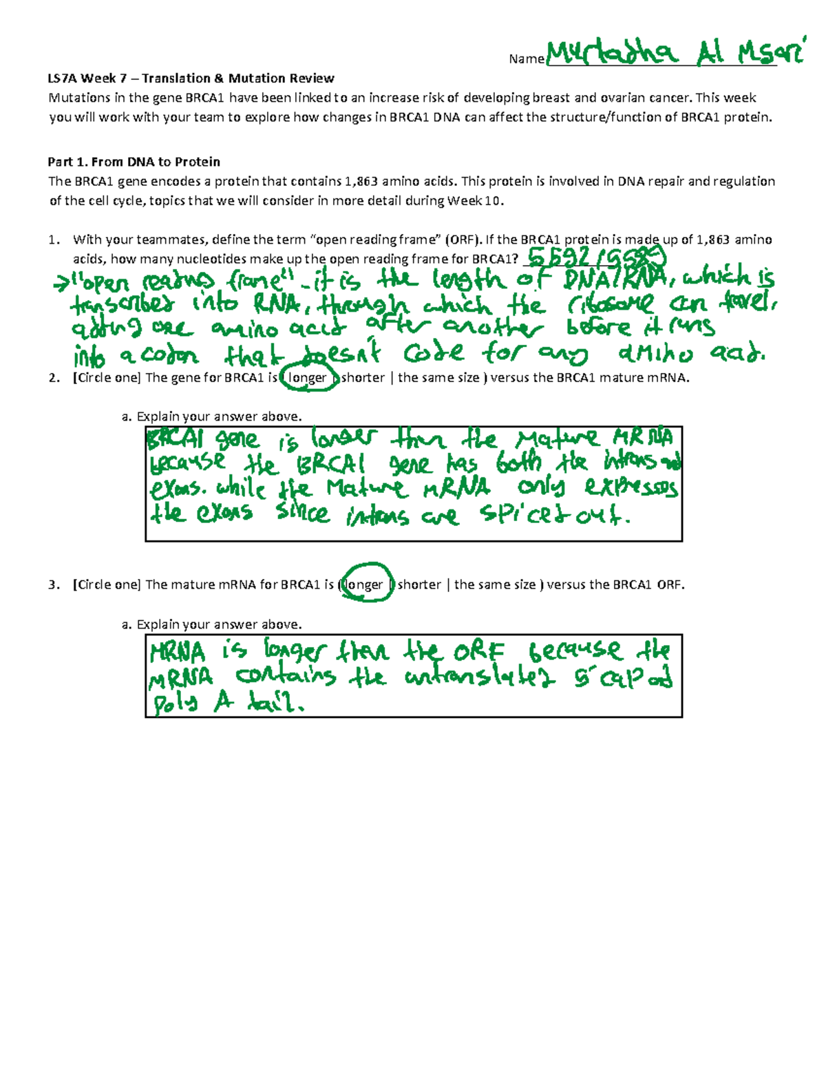 Life Science 7A - Professor Pham - Week 7 Discussion Section - Name