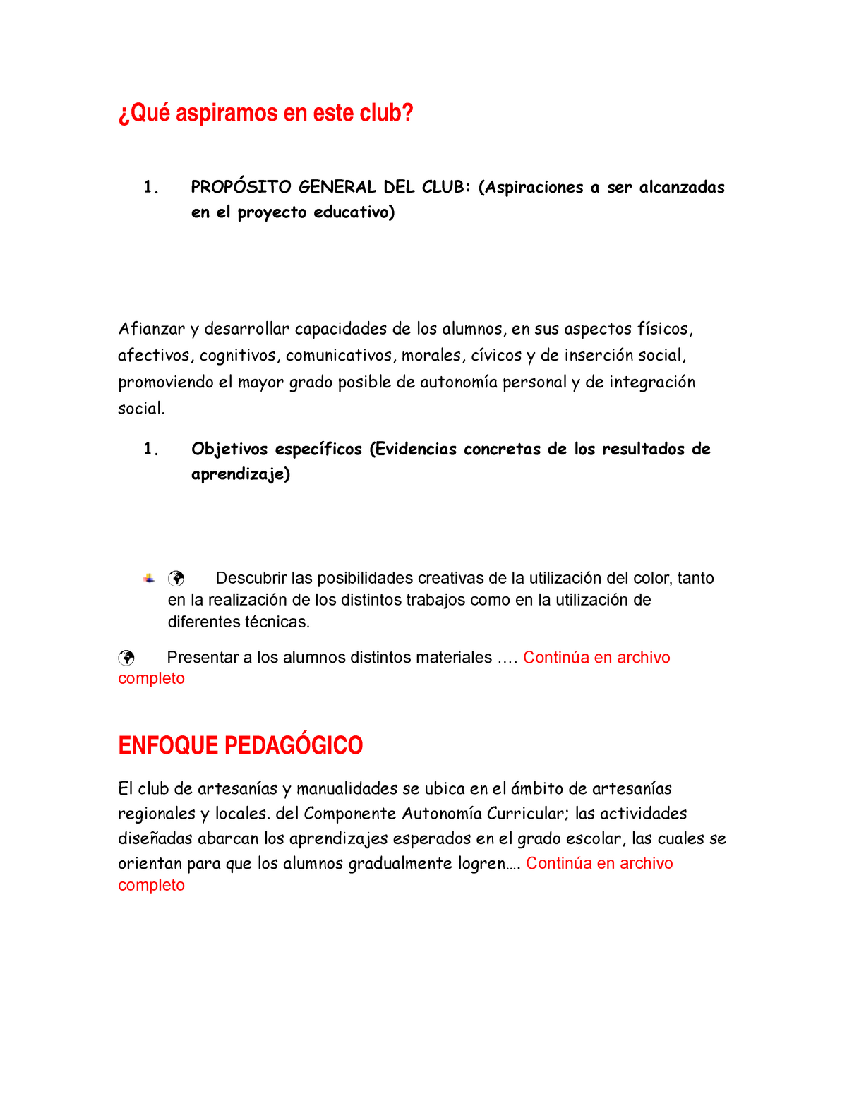 Club artesanias y manualidades - ¿Qué aspiramos en este club? 1. PROPÓSITO  GENERAL DEL CLUB: - Studocu