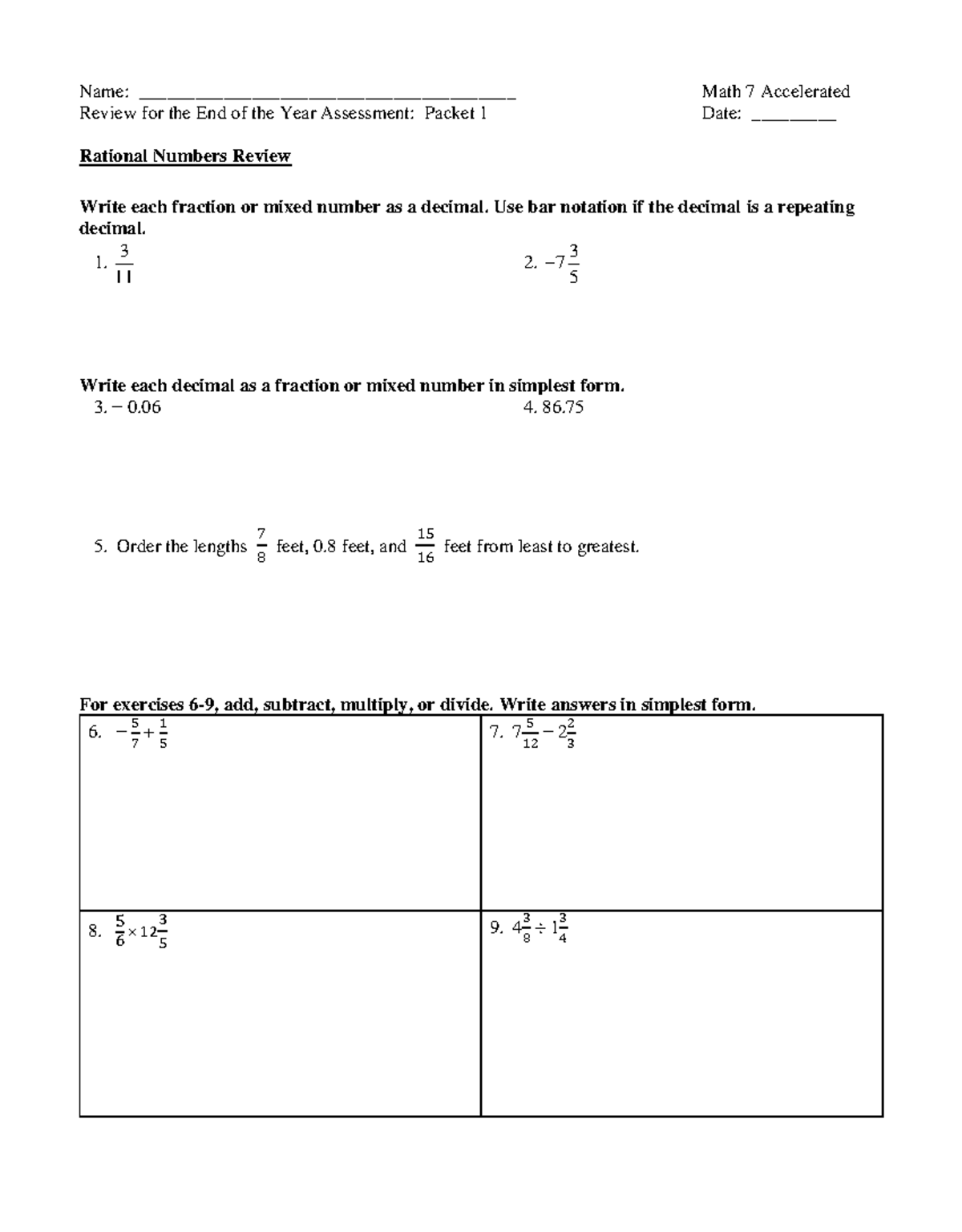 1) Rational Numbers, Expressions, & Proportional Relationships - Name ...