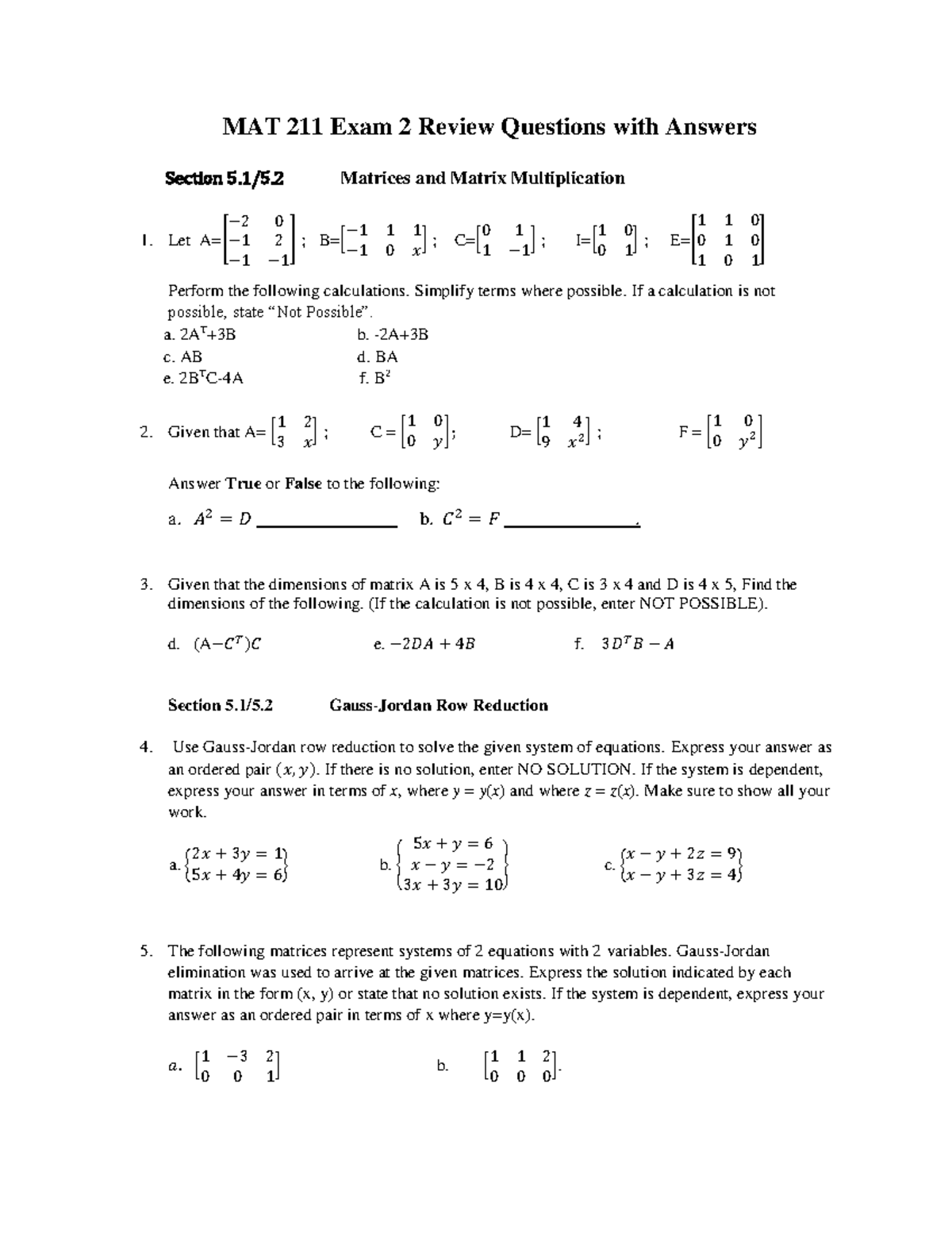 Mat 211 test 2 review MAT 211 Exam 2 Review Questions with Answers