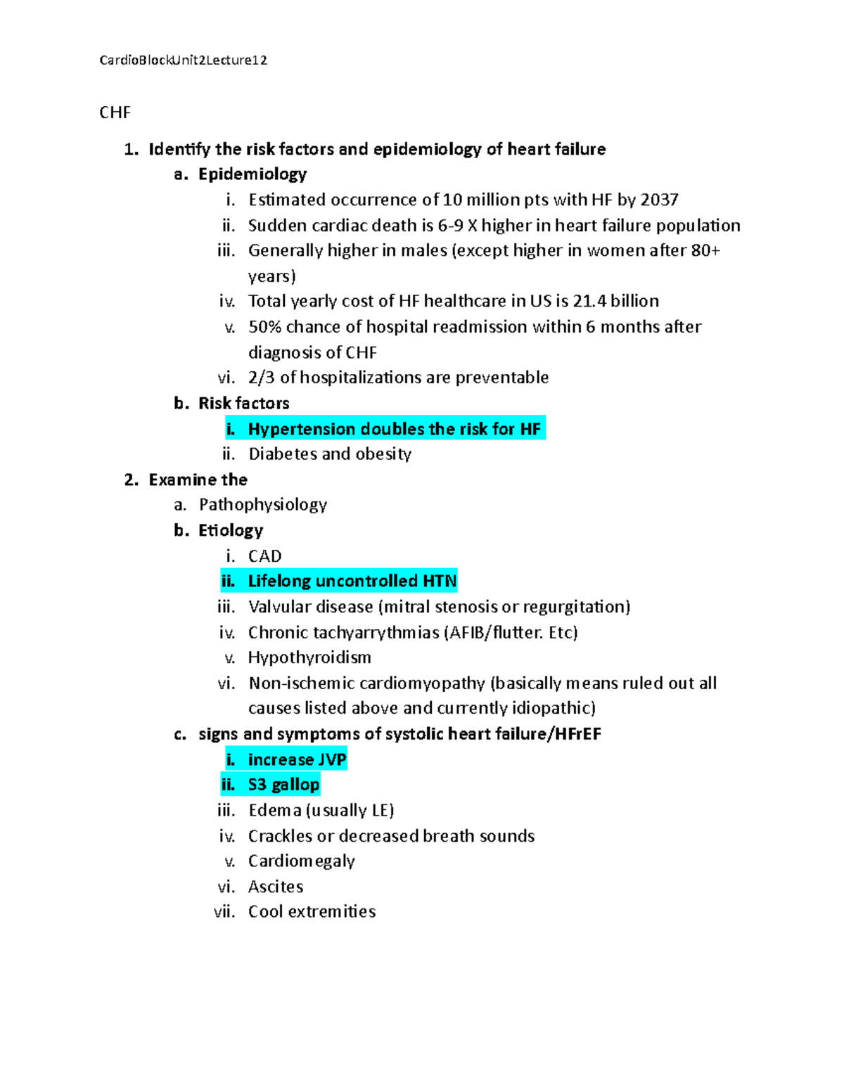 Unit2CongestiveHeartFailure - CardioBlockUnit2Lecture CHF Identify the ...