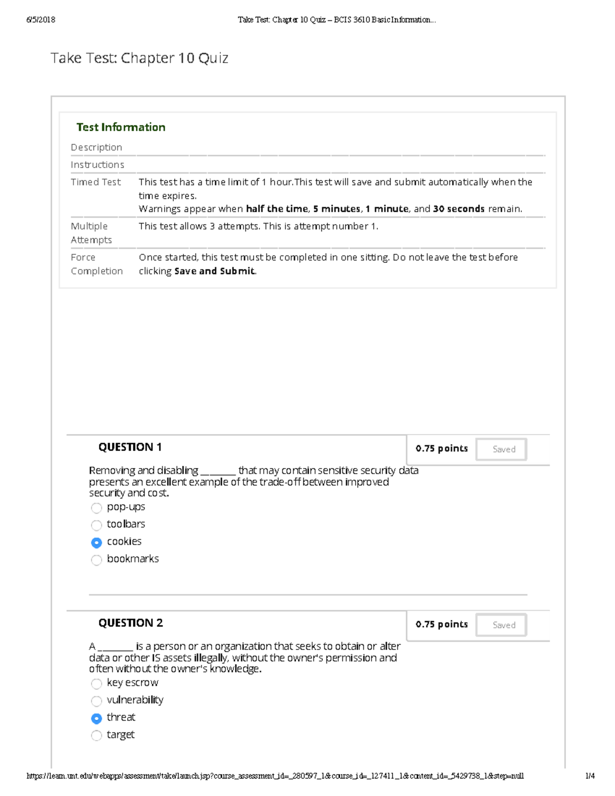 UNT - BCIS 3610 Chapter 10 Quiz Review - Take Test: Chapter 10 Quiz ...