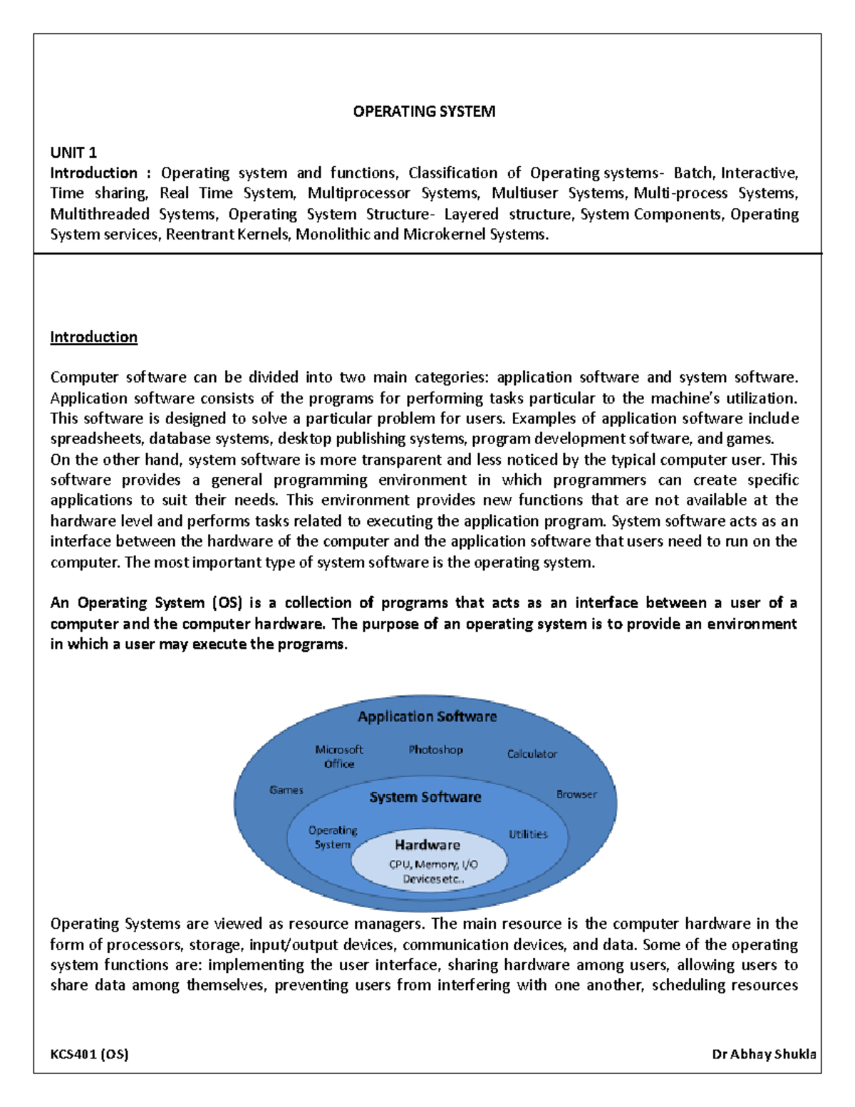 KCS401- UNIT -I - AKTU - OPERATING SYSTEM UNIT 1 Introduction ...