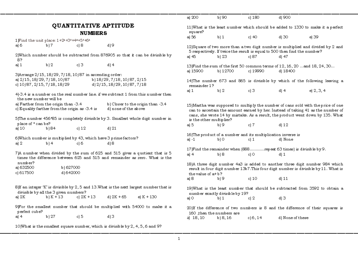 Quantitative apt - QUANTITATIVE APTITUDE NUMBERS 1)Find the unit place ...