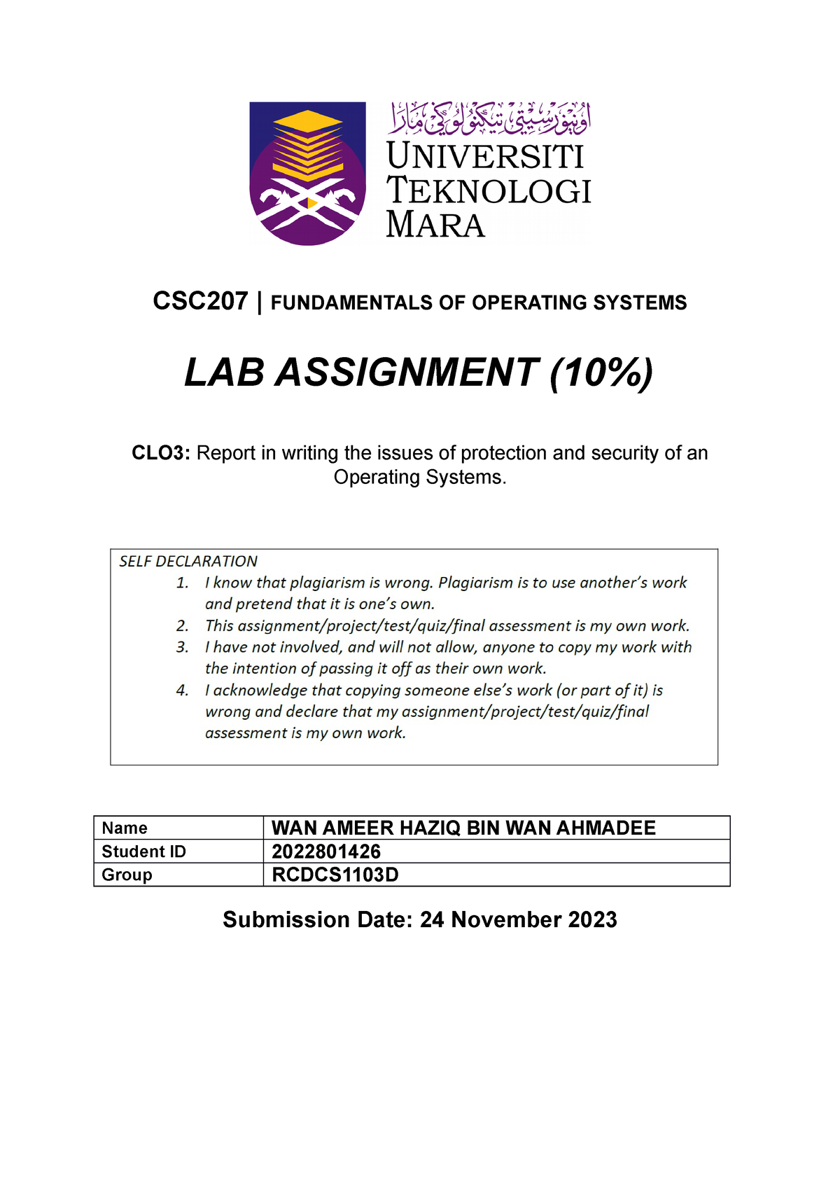 Assignment - Template - CSC207 | FUNDAMENTALS OF OPERATING SYSTEMS LAB  ASSIGNMENT (10%) CLO3: Report - Studocu