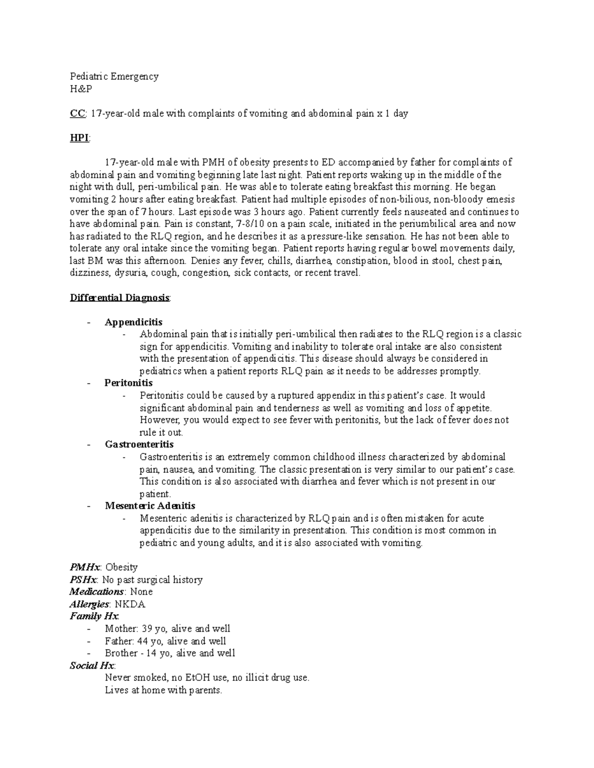 Pediatric Emergency HP Note - Pediatric Emergency H&P CC: 17-year-old ...