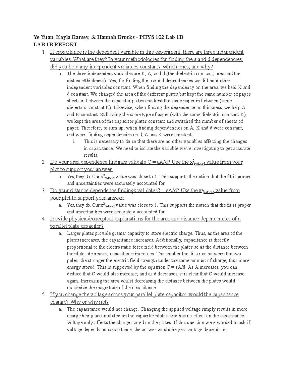 Lab 1 (Parts A&B) - Capacitance PHYS 102 - Ye Yuan, Kayla Ramey ...
