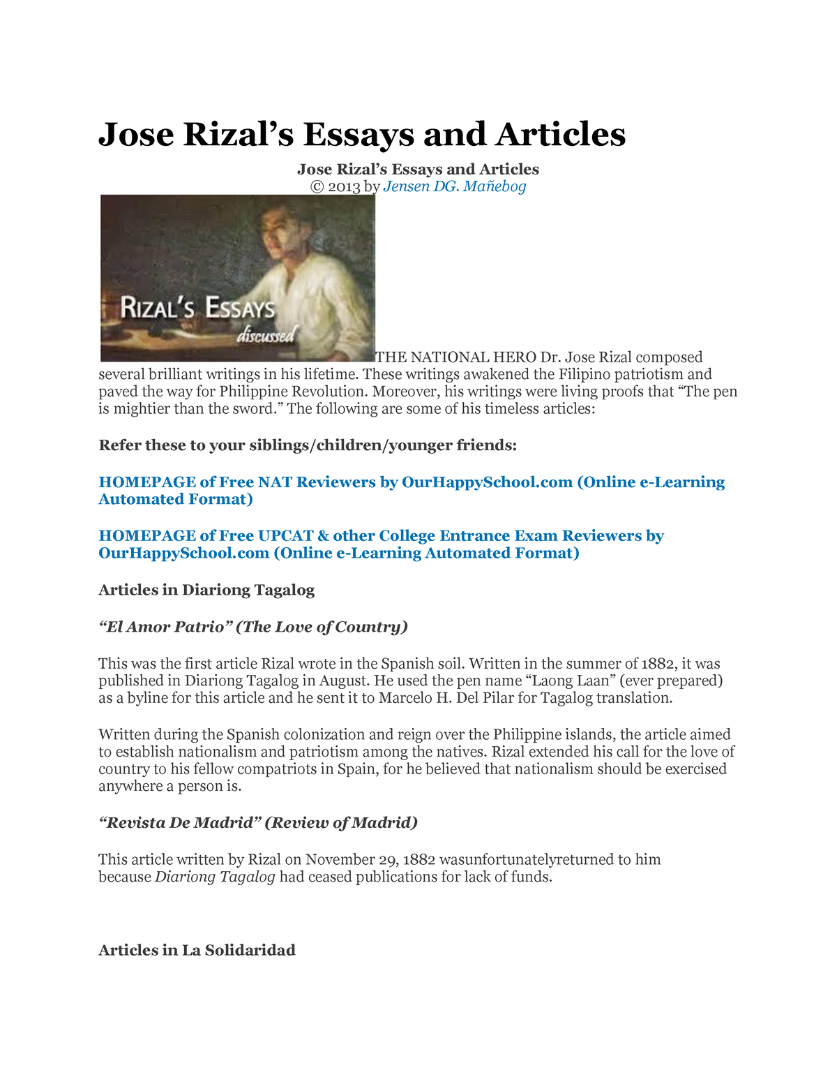 list of rizal's essays