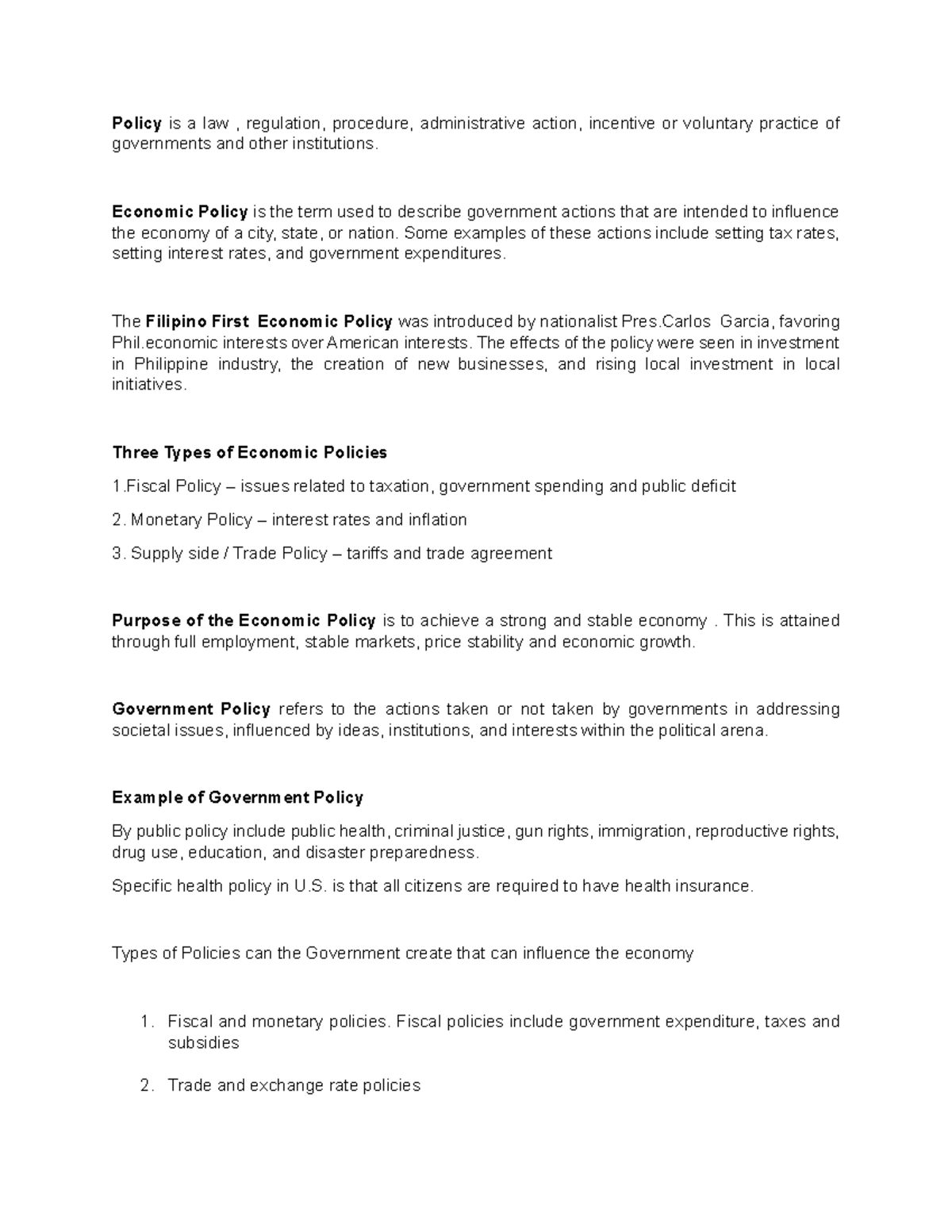 Notes Money & Banking - Policy is a law , regulation, procedure ...
