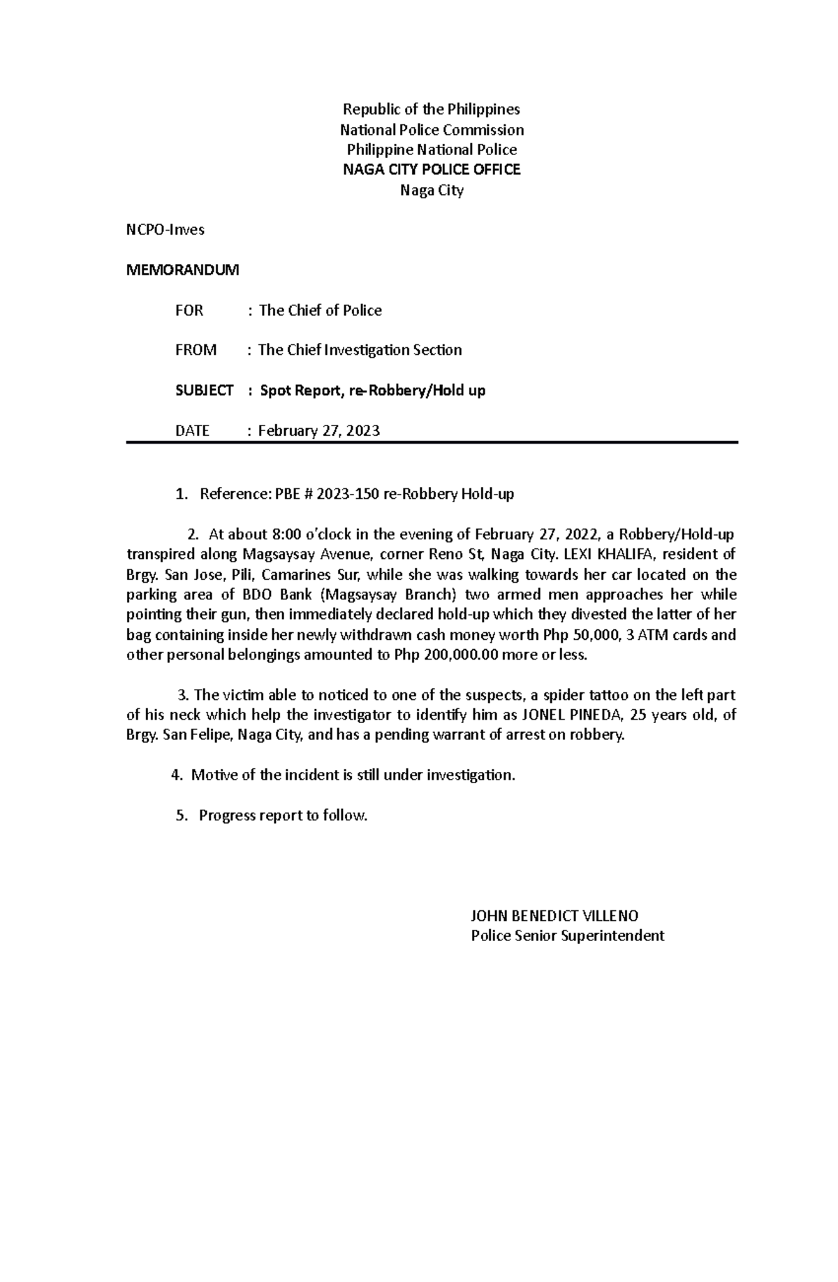 Sample Spot Report Wriringfifoco Republic Of The Philippines 