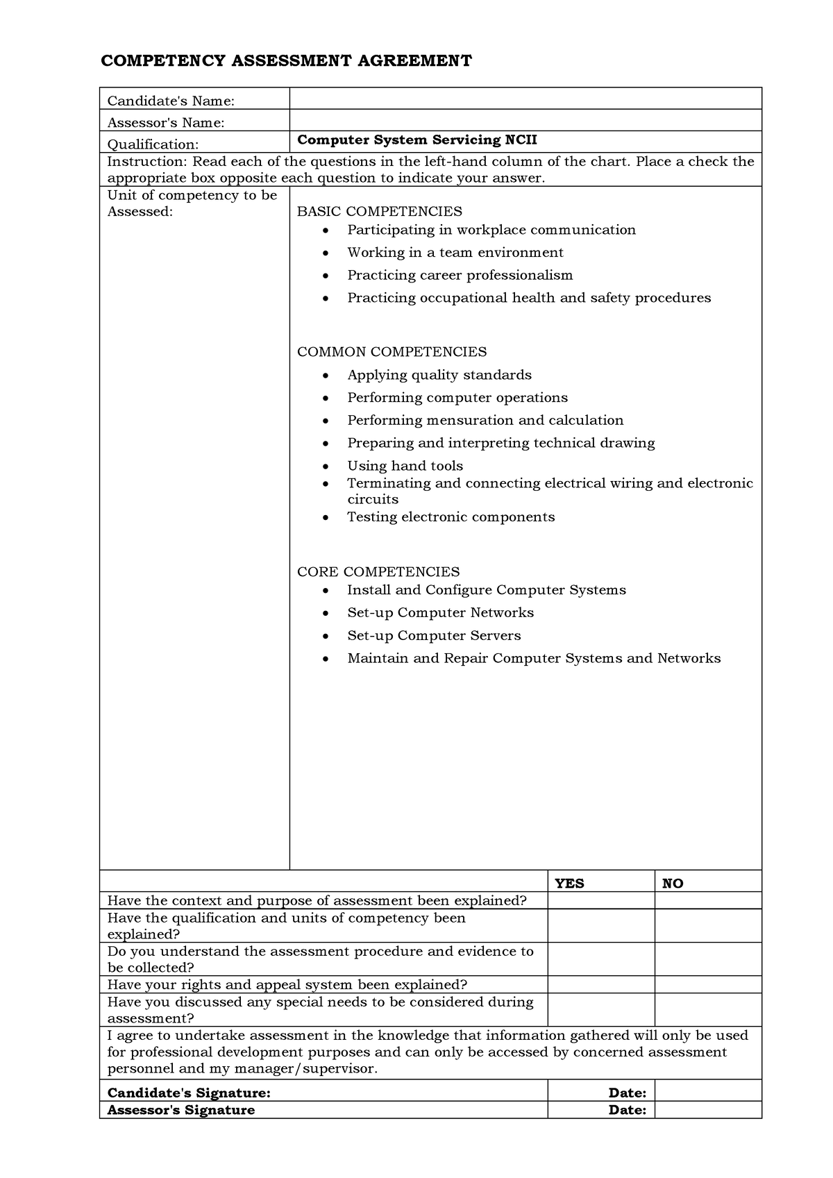 Competency Agreement Sheet - COMPETENCY ASSESSMENT AGREEMENT Candidate ...