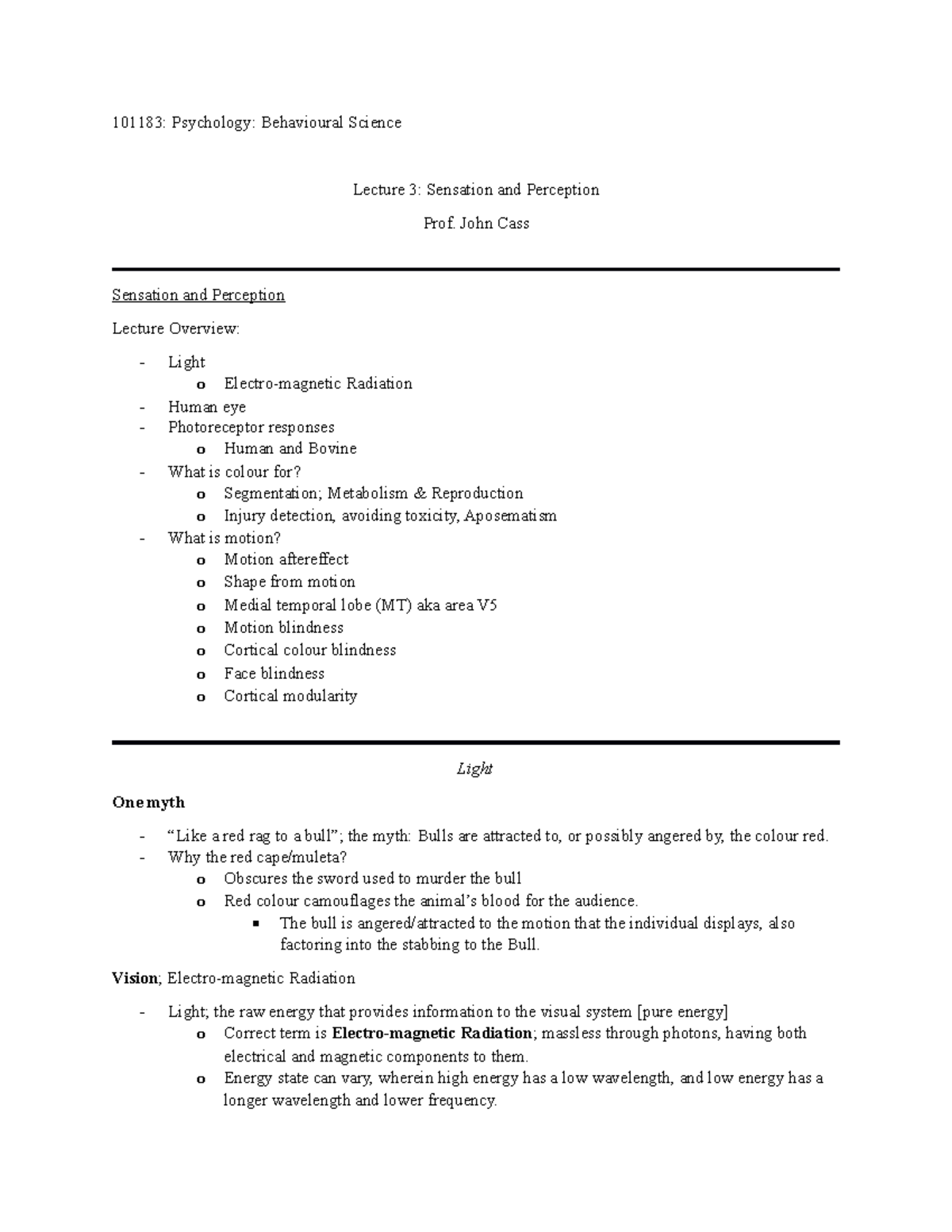 Lecture 3 - Sensation and Perception - 101183: Psychology: Behavioural ...