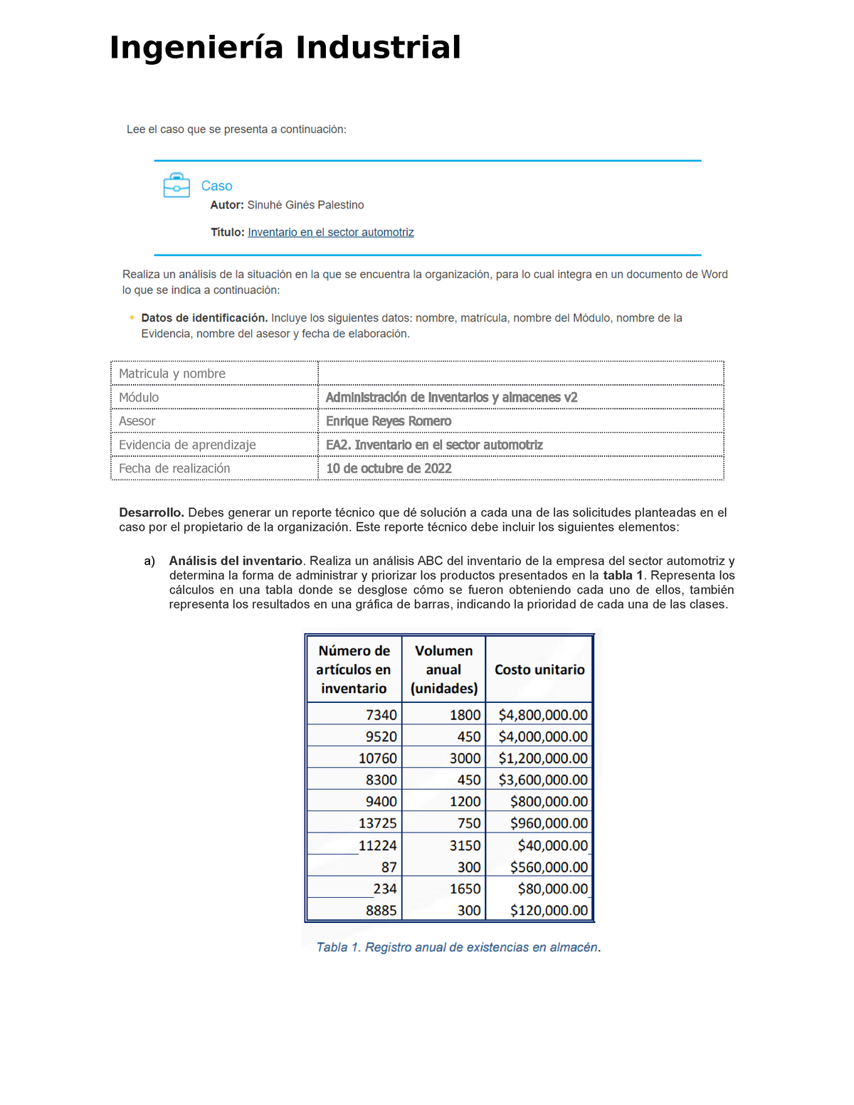 Ea2 Inventario En El Sector Automotriz Matricula Y Nombre Módulo Administración De 2865