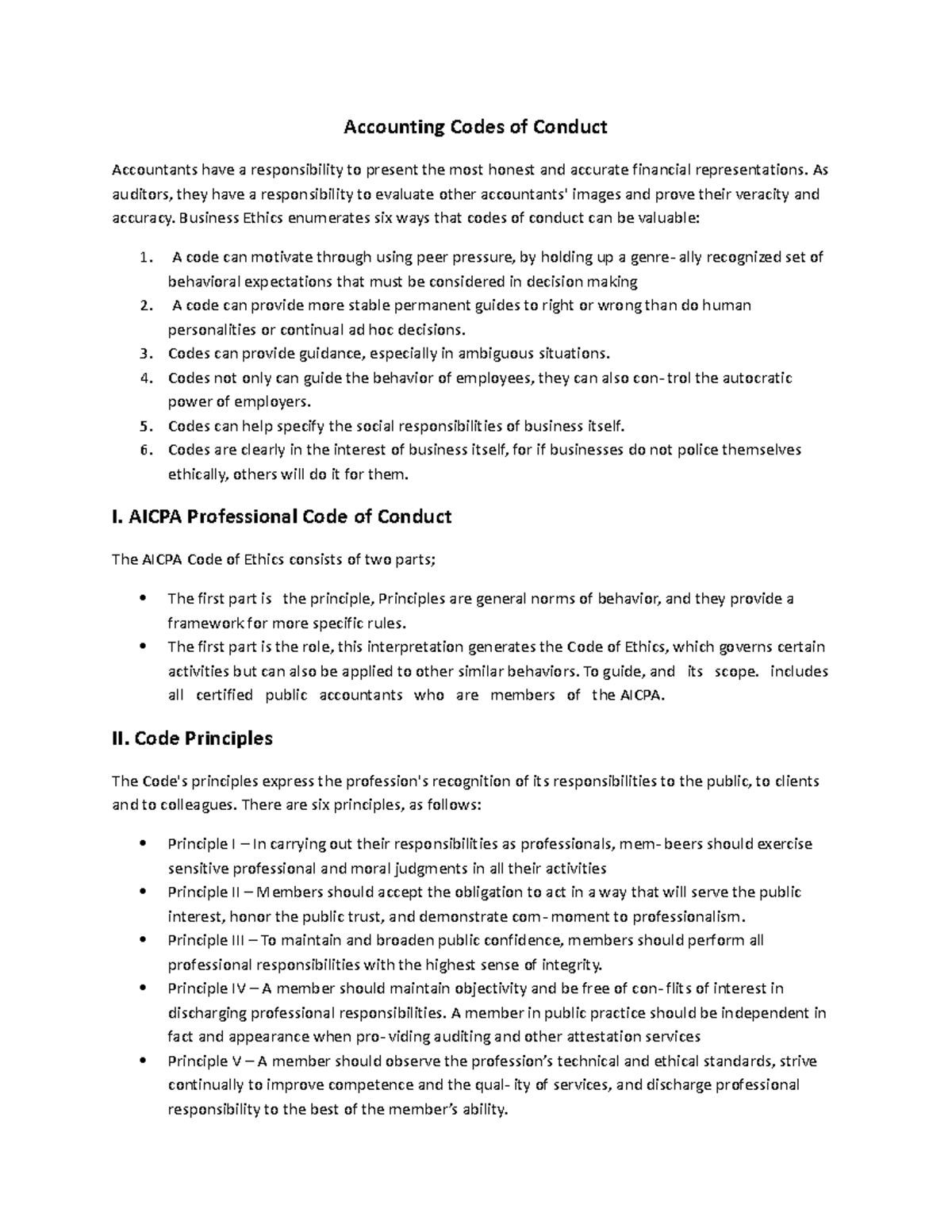 Accounting Codes of Conduct Accounting Codes of Conduct Accountants