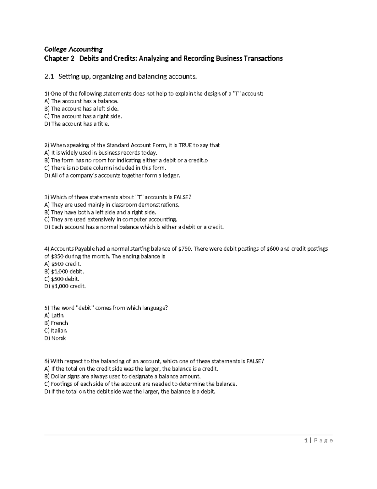 College Accounting, Chap. 2 Quiz - College Accounting Chapter 2 Debits ...