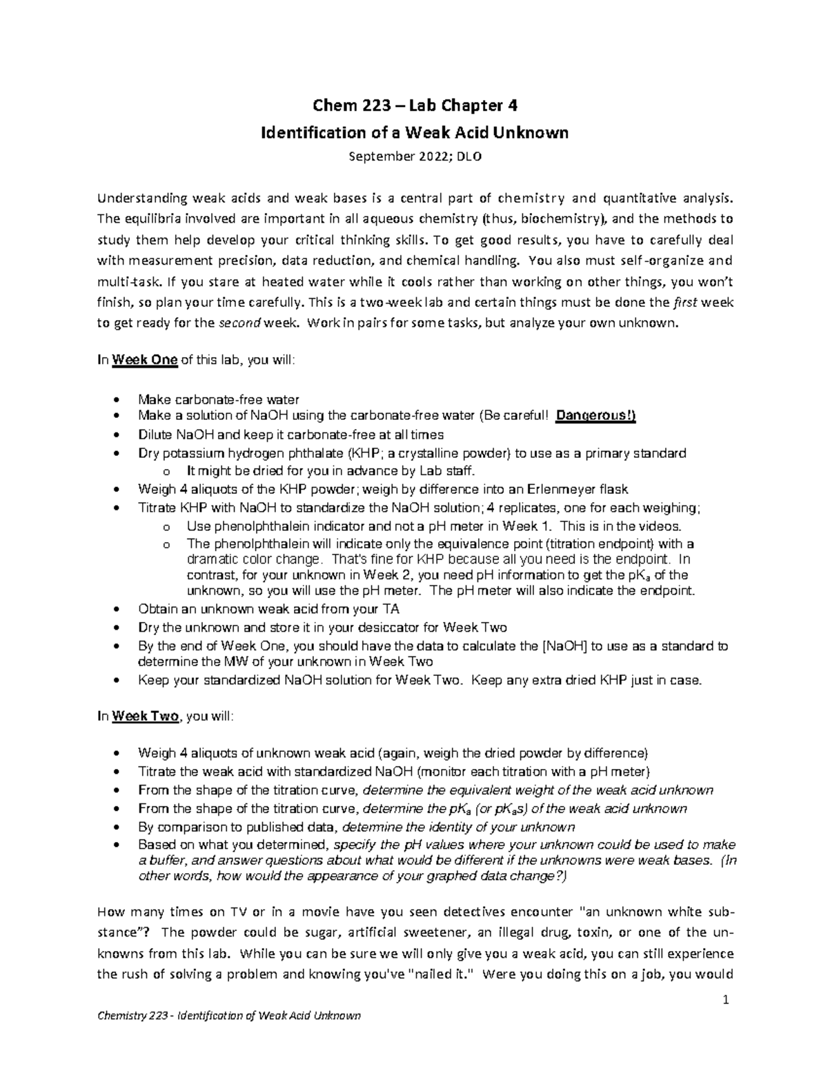 Lab Chapter 4 - Identification of a Weak Acid Unknown - 2022 - 1 Chem ...