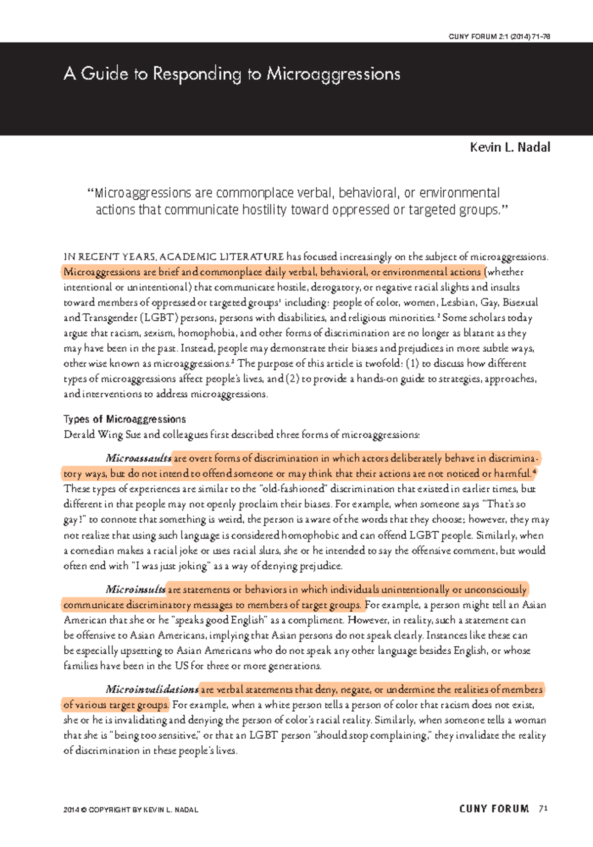 Reading - A Guide to Responding to Microaggressions - CUNY FORUM 71 IN ...