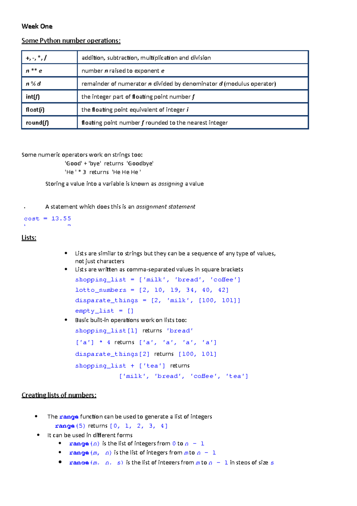 IT cheat sheet - Lecture note all - Lists are similar to strings but ...