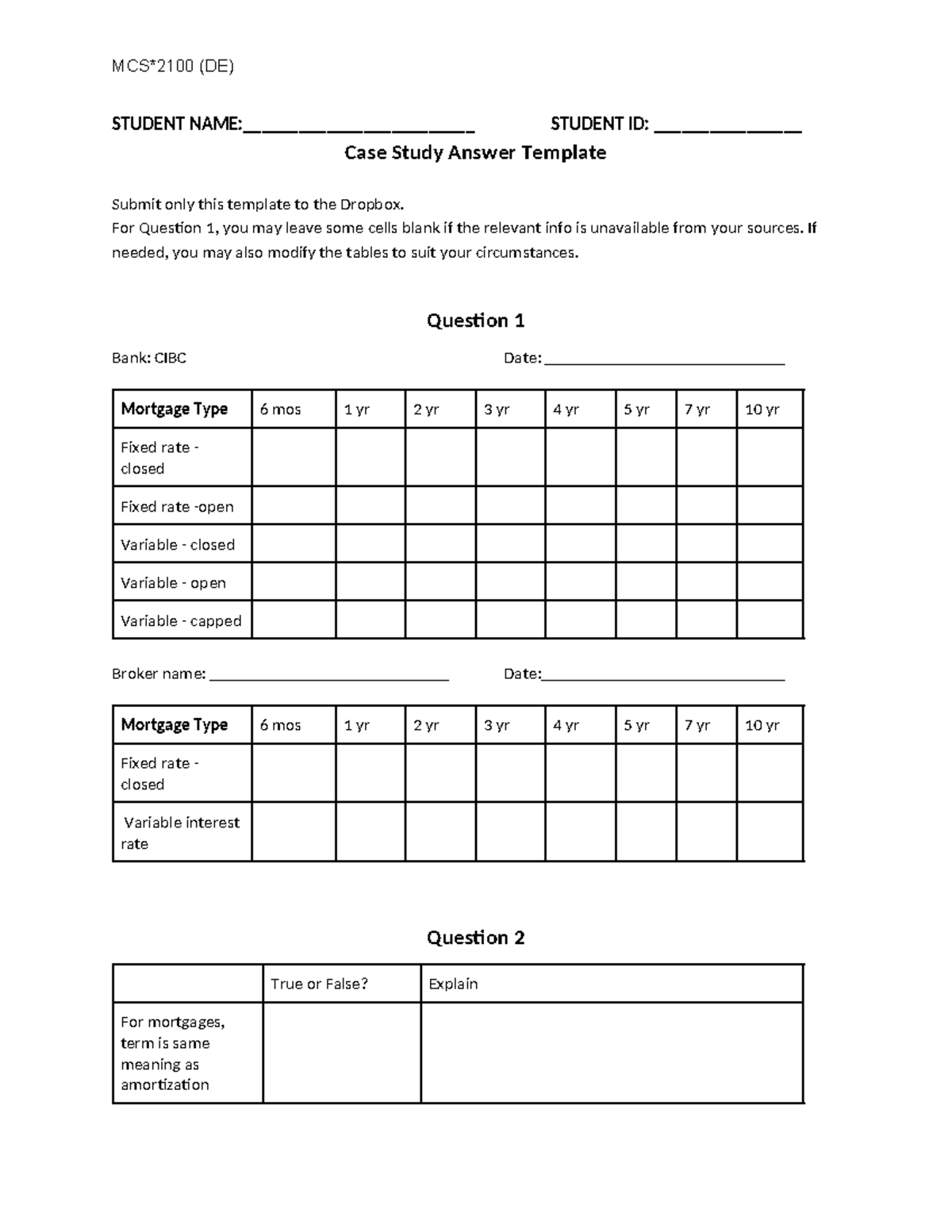 Case Study Answer Template MCS2100DE - STUDENT NAME ...