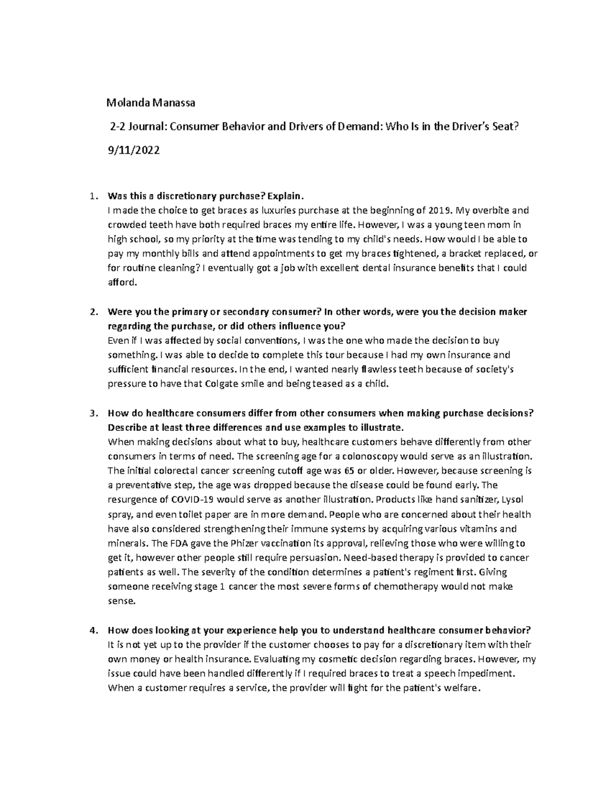 2-2 Journal HCM 325 - Molanda Manassa 2-2 Journal: Consumer Behavior ...