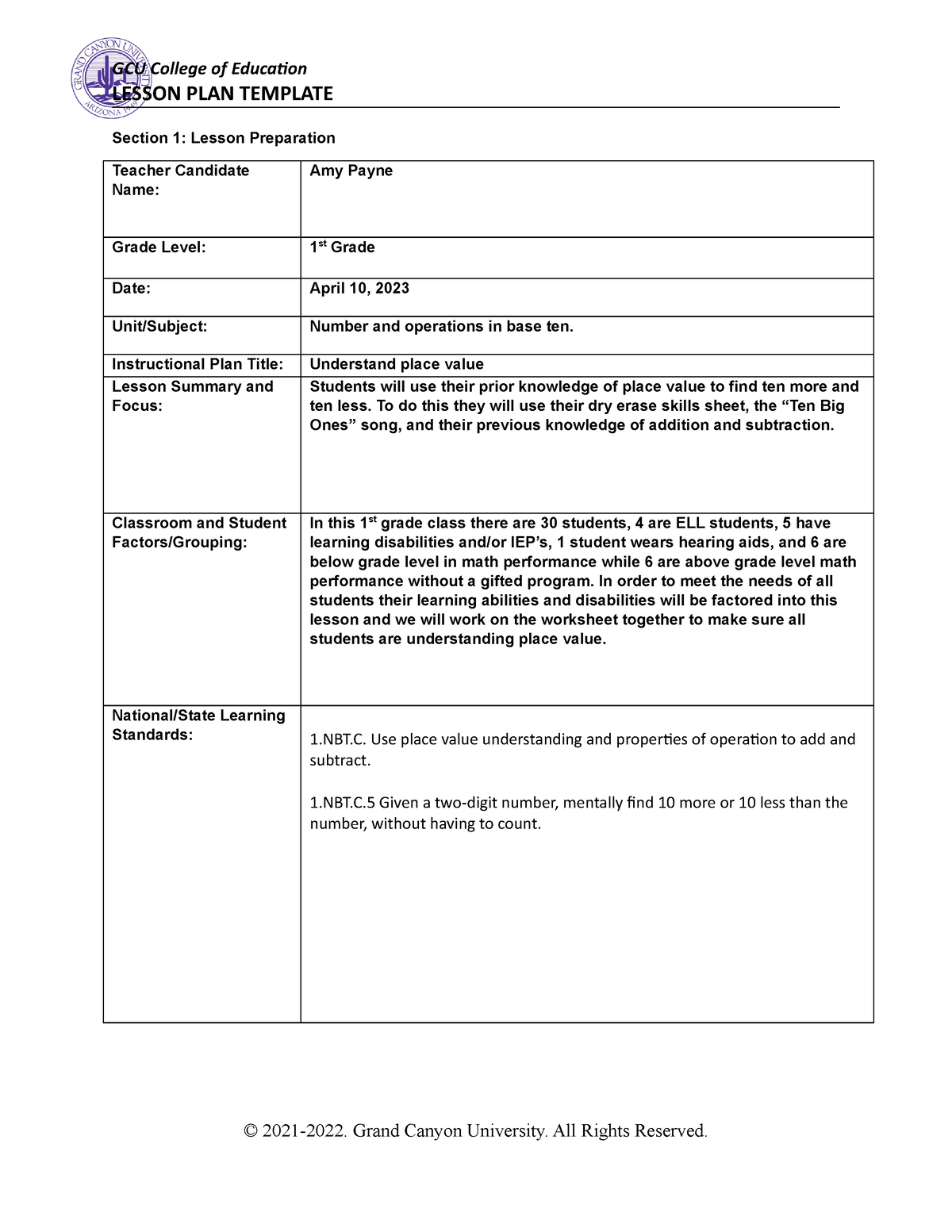 Math lesson plan - LESSON PLAN TEMPLATE Section 1: Lesson Preparation ...