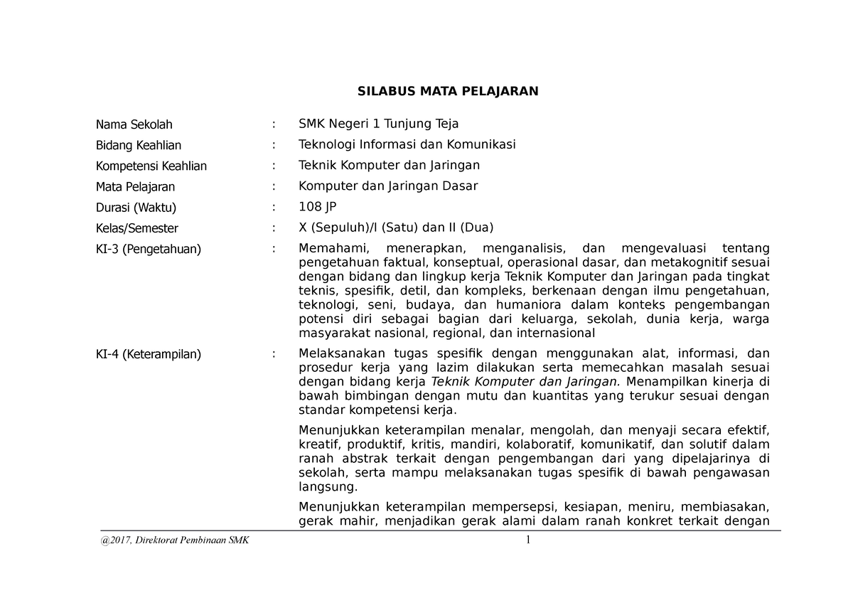 Silabus Komputer dan Jaringan Dasar SMK Negeri 1 Tunjung Teja - SILABUS