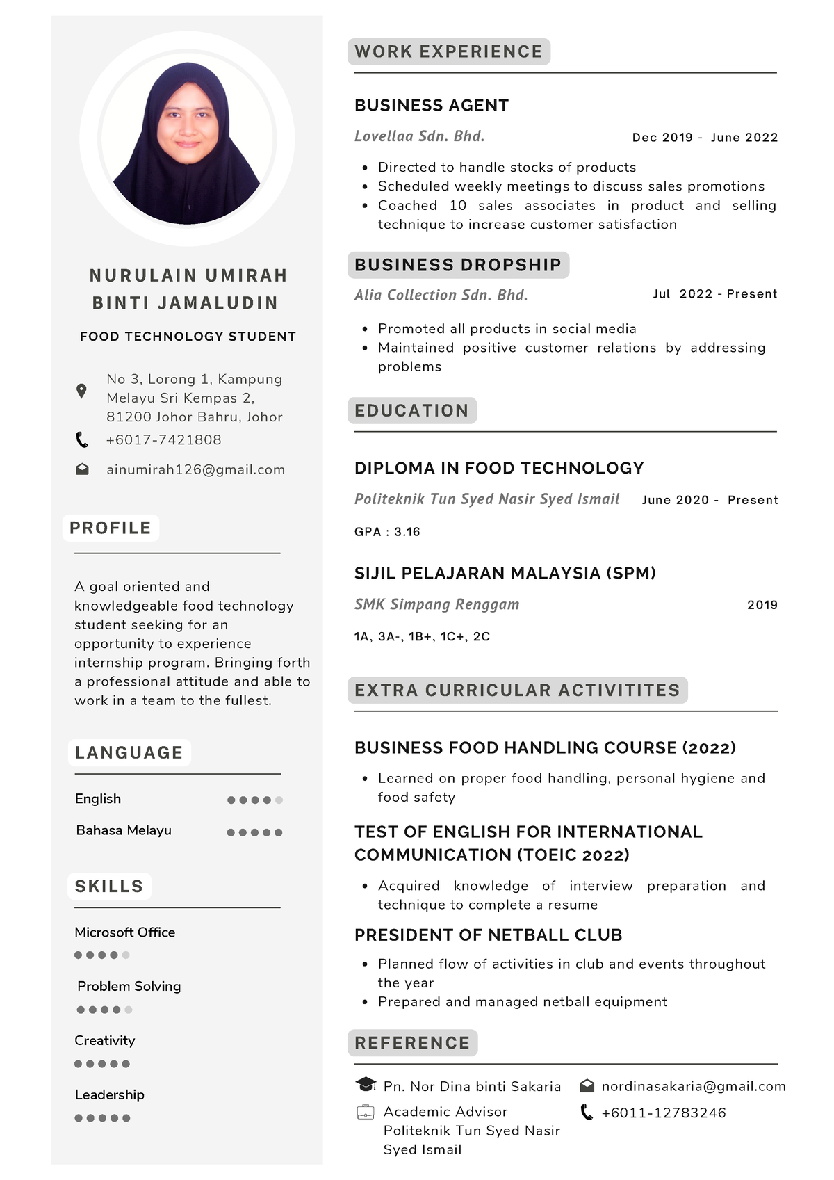 Resume Nurulain Umirah - P R OF IL E A goal oriented and knowledgeable ...