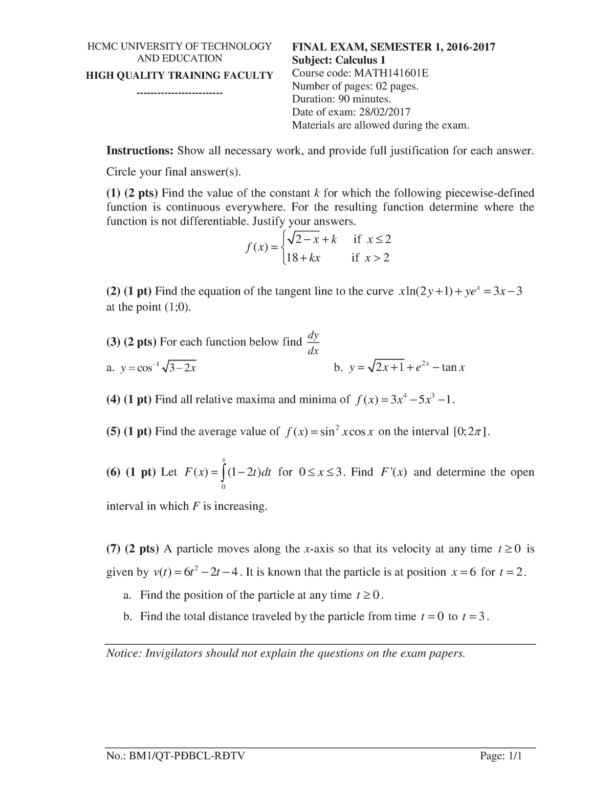 1 Calculus Final Test 16 17 Semester 1 - No.: BM1/QT-PĐBCL-RĐTV Page: 1 ...