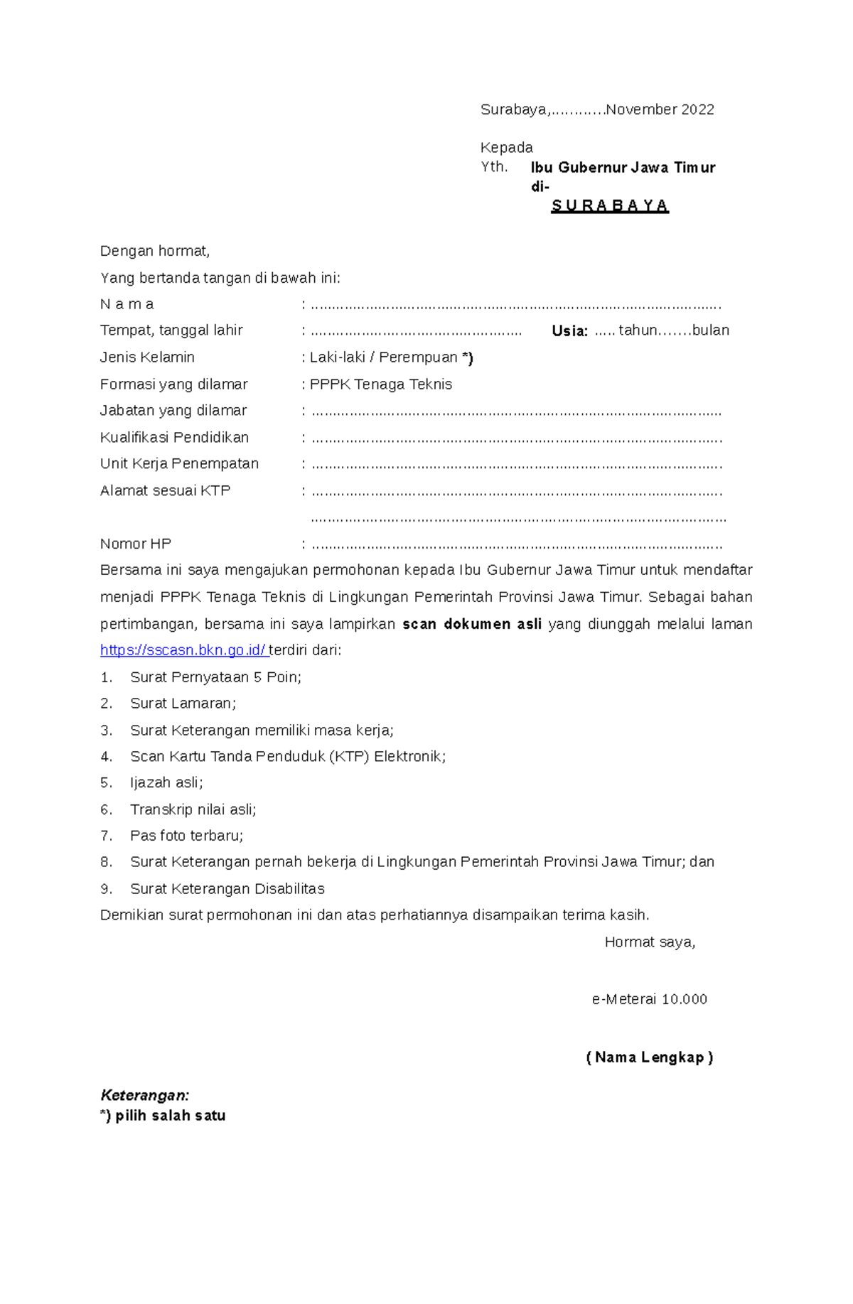 Surat Lamaran-PPPK Tenaga Teknis Tahun 2022- Jatim - Surabaya