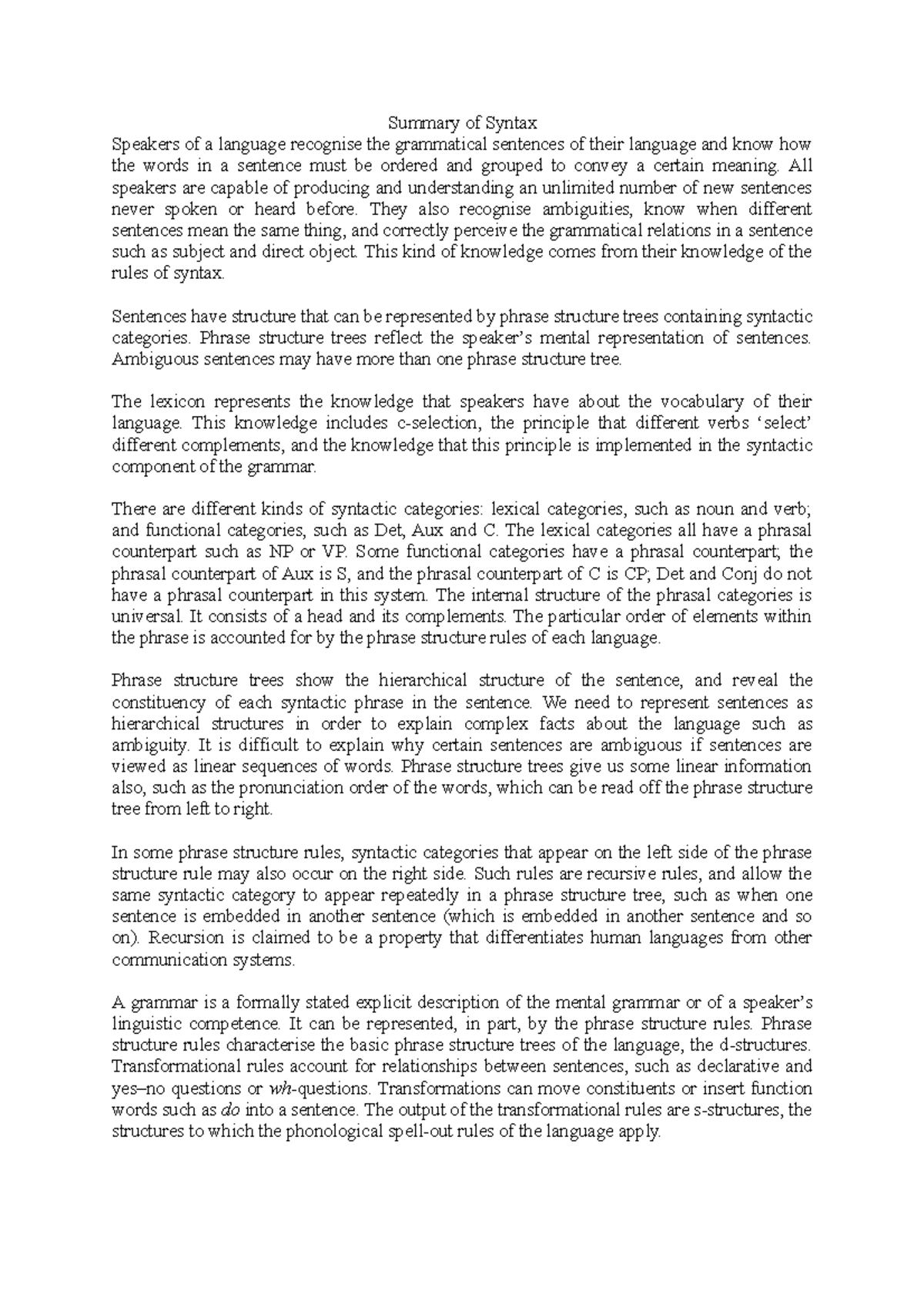 Summary of Syntax - An Introduction to Language - Summary of Syntax ...