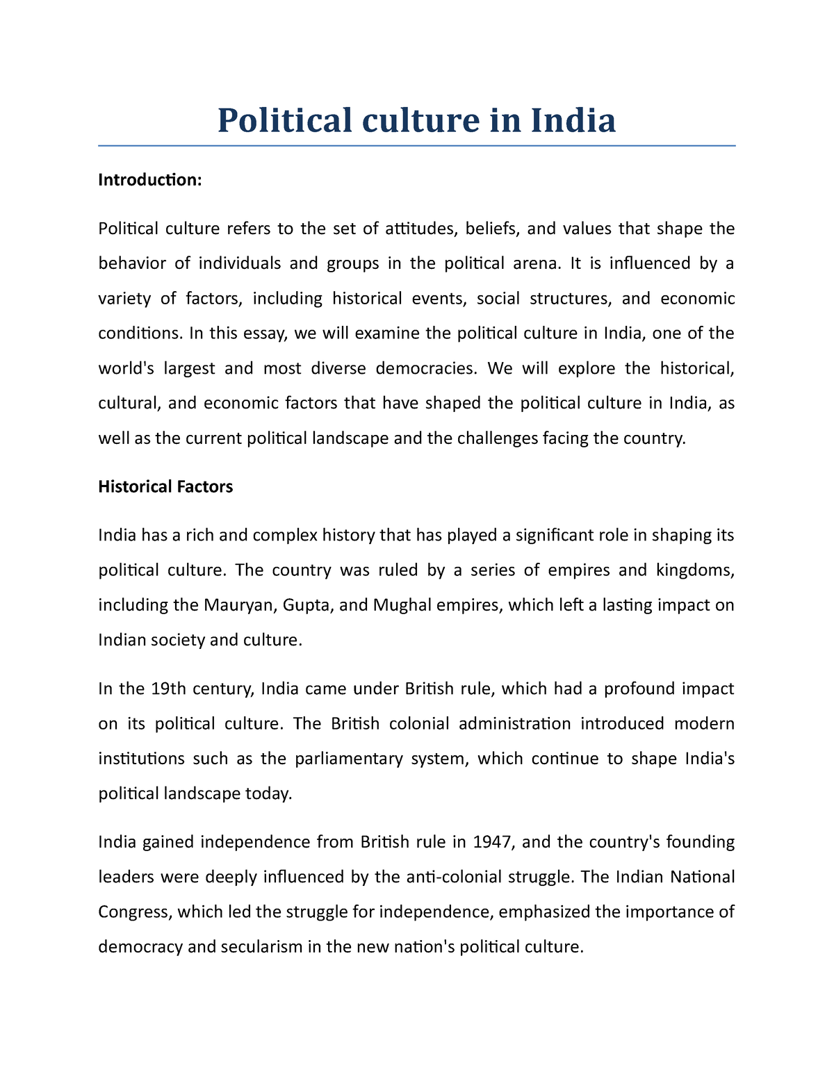 essay on political culture in india