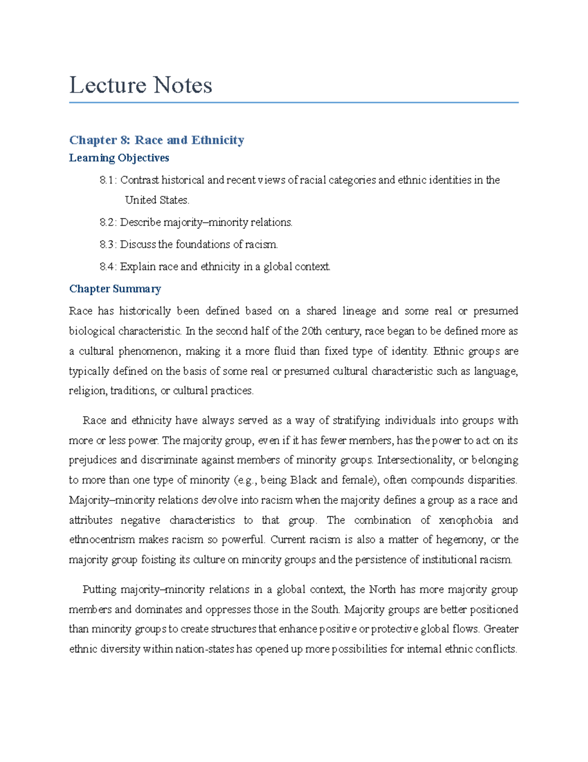 SO6 - first year - Lecture Notes Chapter 8: Race and Ethnicity Learning ...