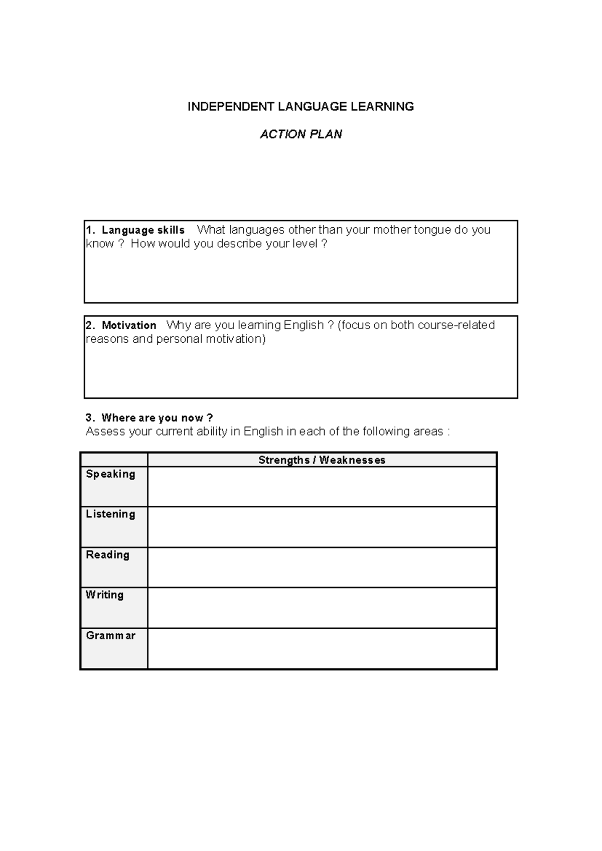 Independent Learning Action Plan - INDEPENDENT LANGUAGE LEARNING ACTION ...